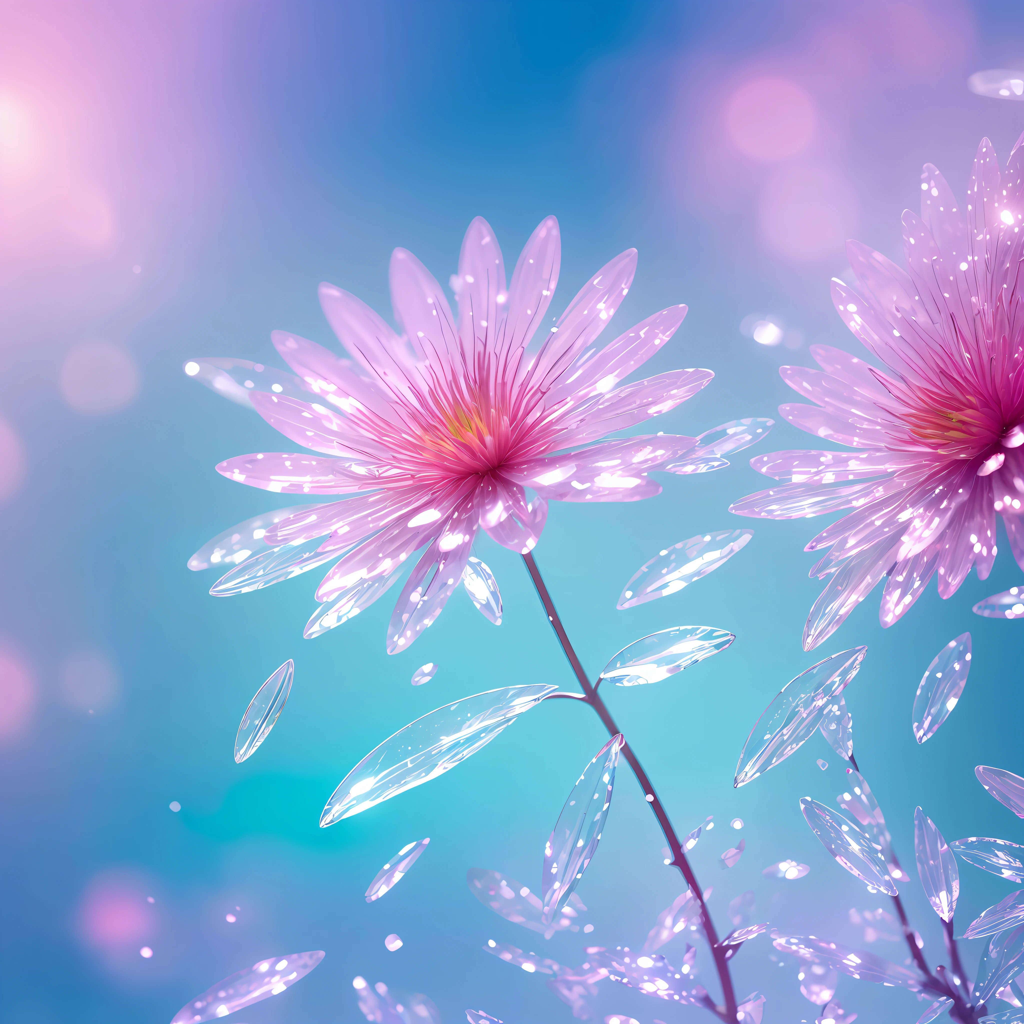 Crystal spring flower,Pink white gradient,water drop,Fantastical, galaxies, Transparent,, Pink white gradient,water drop,Light blue leaves,Sparkle, Sparkle, brilliance, Water,colorful,, Magical photography of light blue leaves, dramatic illumination, Photo realism, Ultra detailed, 4k, depthoffield, high resolusion
