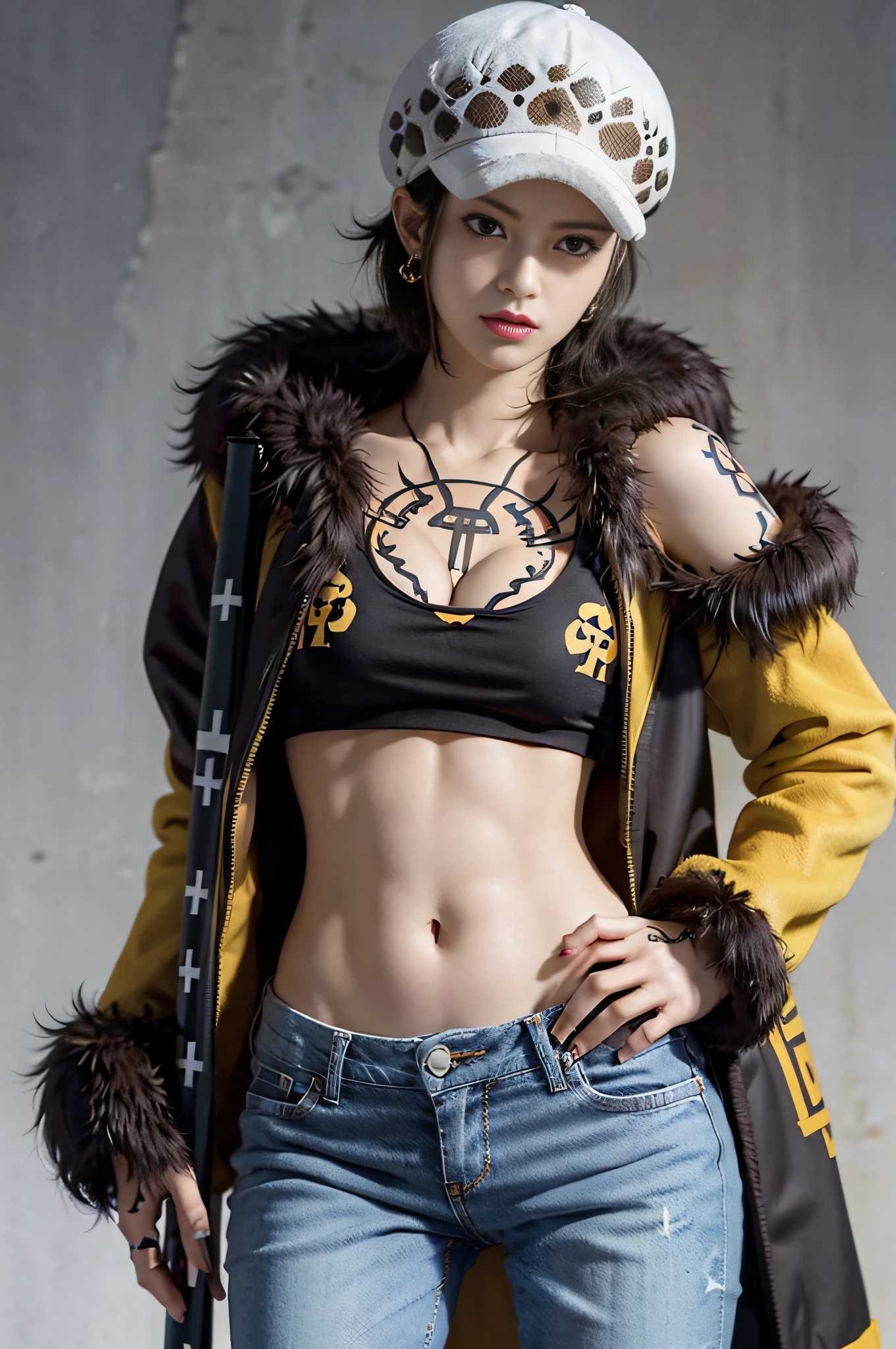 masterpiece, best quality, 8k,highestres, absurdres, extremely detailed, female trafalgar law, 1girl, 1sword, solo, looking at viewer, short hair, medium breasts, hat, navel, cleavage, collarbone, earrings, midriff, pants, coat, fur trim, denim, jeans, shoulder tattoo, hand tattoo, finger tattoo, black fur-trimmed coat, coat on shoulders, yellow tank top,///,