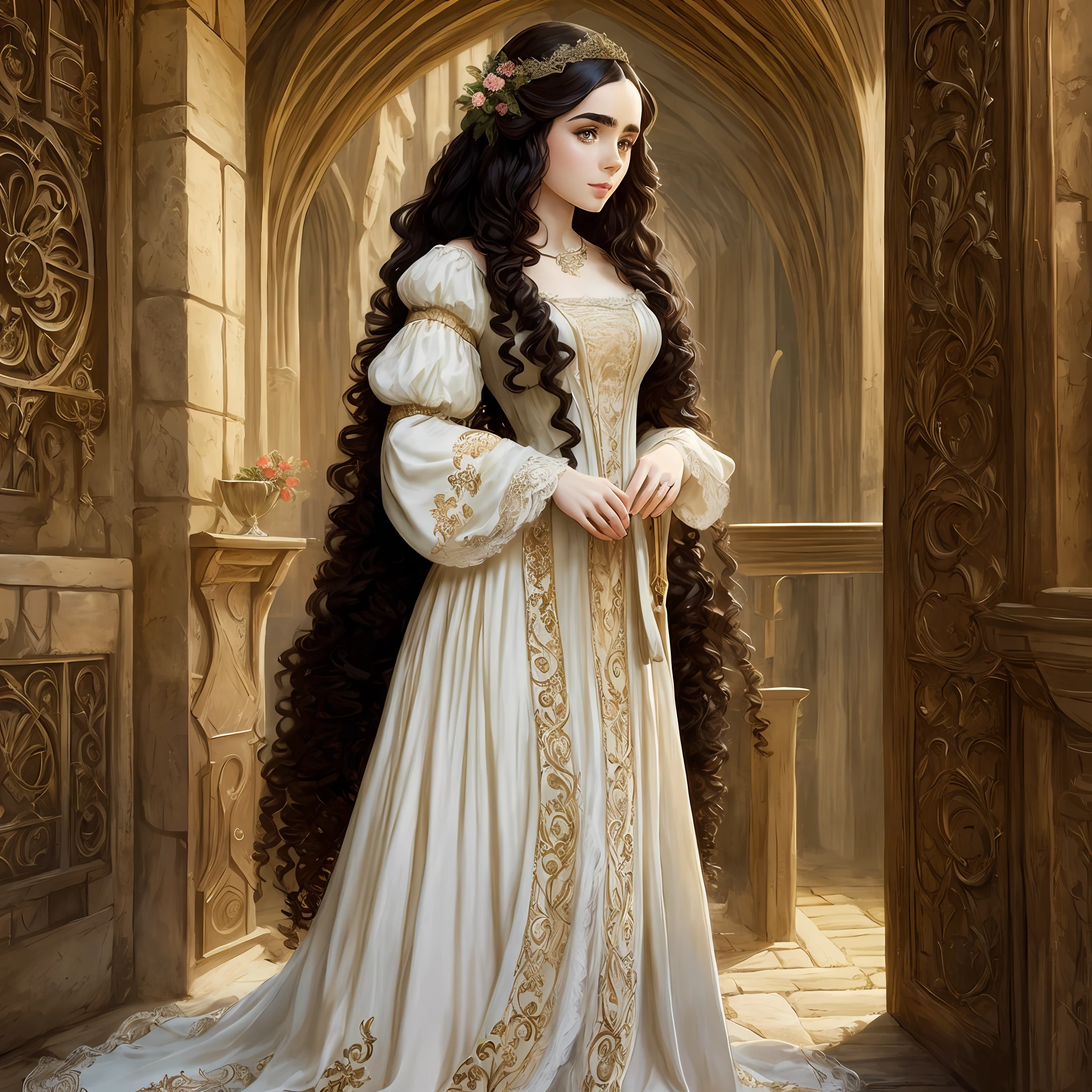 Lily Collins with long black curly hair in a medieval chemise, medieval plebeian clothing, an illustration is detailed, smooth and glossy, full body, HD artwork by Justin Gerard --auto --s2