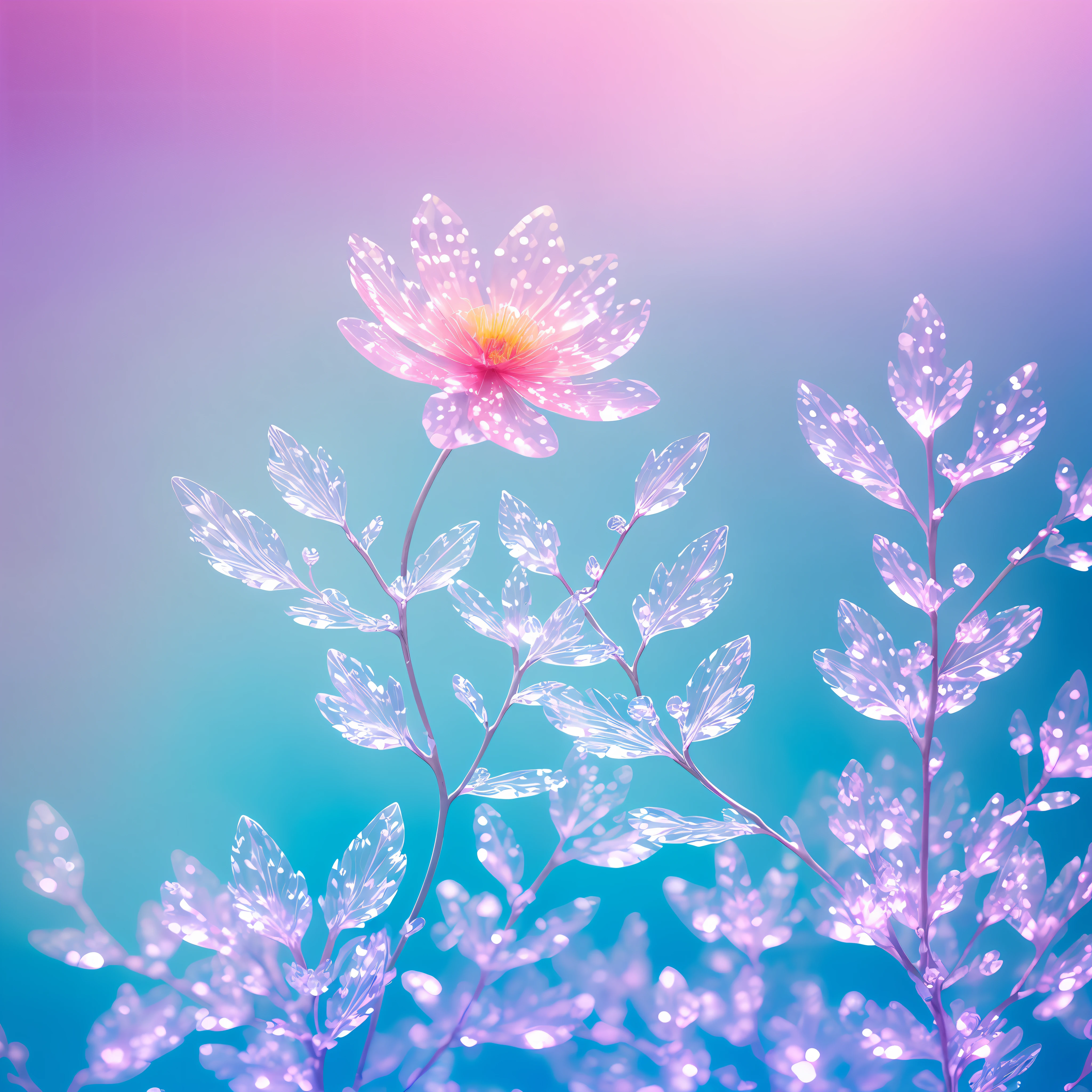 Crystal spring flower，Pink white gradient，water drop，Fantastical, galaxies, Transparent,, Pink white gradient，water drop，Light blue leaves，Sparkle, Sparkle, brilliance, Water，colorful，, Magical photography of light blue leaves, dramatic illumination, Photo realism, Ultra detailed, 4k, depthoffield, high resolusion