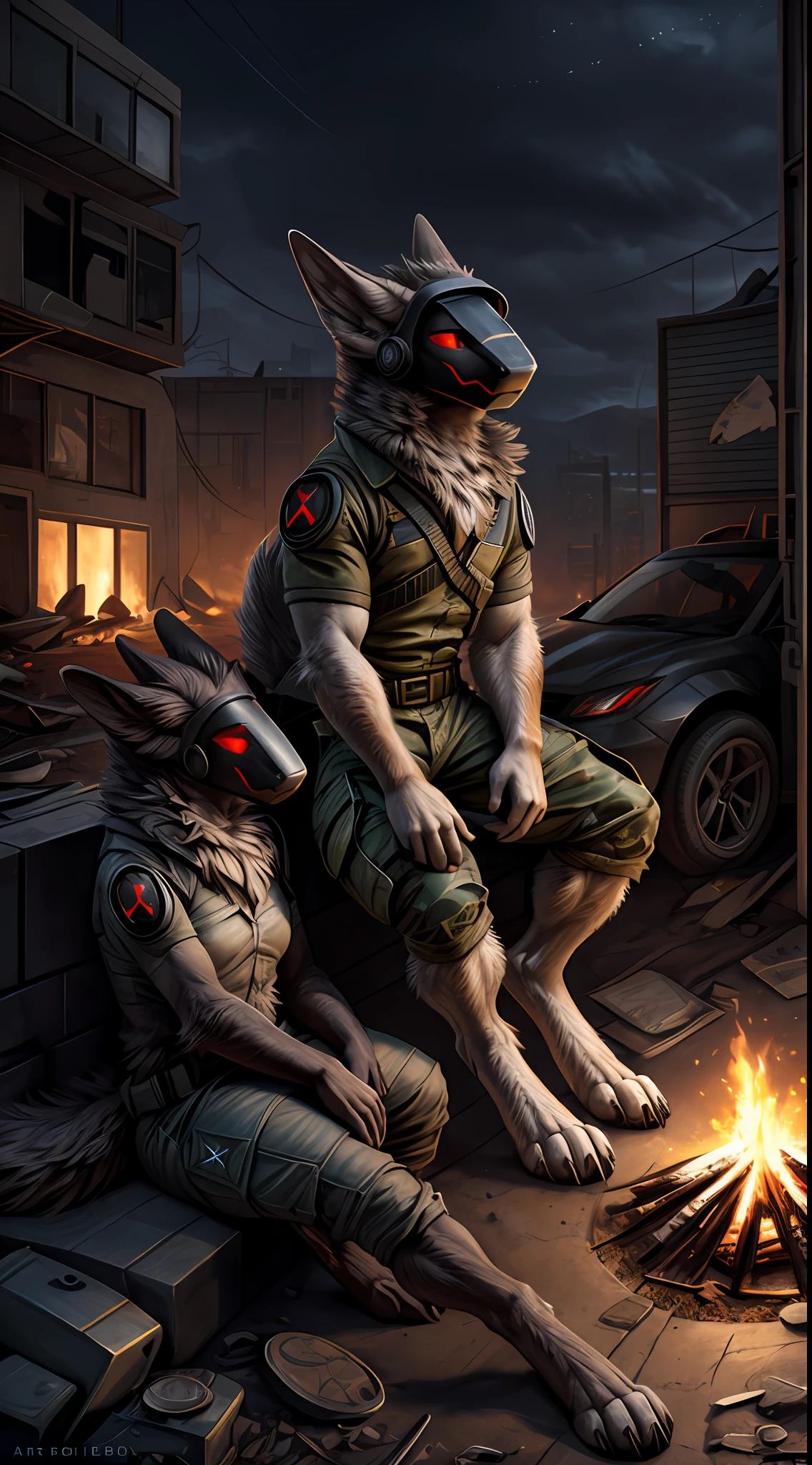 Getting night, Two protogens (male and a female) sitting at a campfire in a apocalyptic city, detailed protogen faces, on the middle of a road, surrounded by decay and rubble, the two protogens conversing with each other, protogens with silver fur and red eyes, both wearing camo cargo pants, both wearing black flight jackets, soft fur, detailed clothing, detauled fur, artist: taran_fiddler, e621_post, tired  expression, tired pose, shoulders hanging, arms bent, legs bent, sitting on floor,