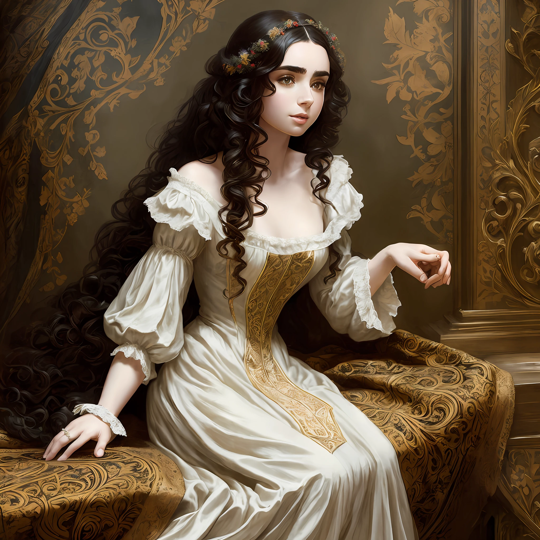 Lily Collins with long black curly hair in a medieval chemise, medieval plebeian clothing, an illustration is detailed, smooth and glossy, full body, HD artwork by Justin Gerard --auto --s2