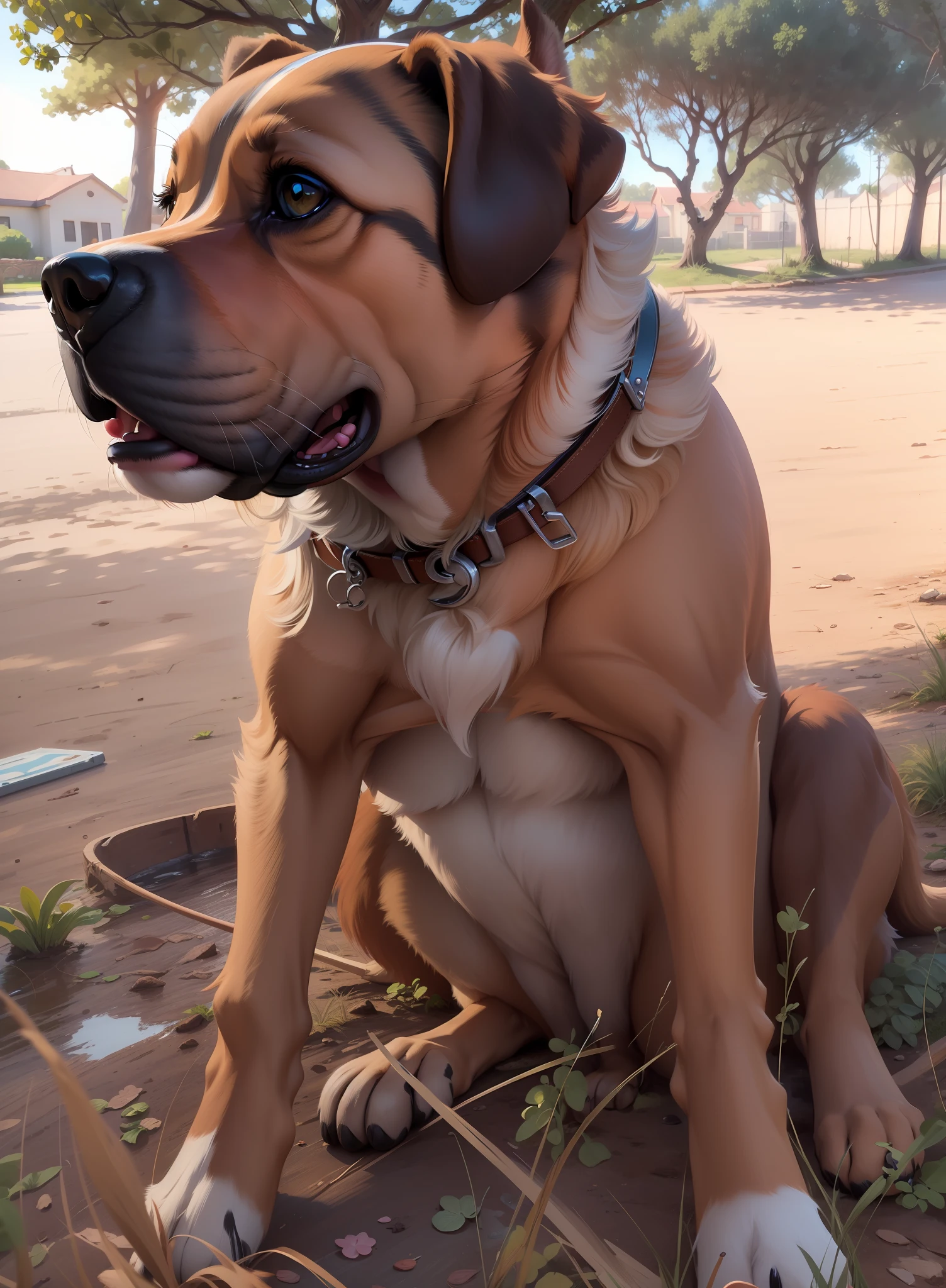 dog (masterpiece), best quality, clear and distinguished lines, (cartoon disney photorealistic style), vibrant colors, portrait, (dog as the main subject), expressive eyes, (sitting pose), outdoors, focused, depth of field. --auto --s2