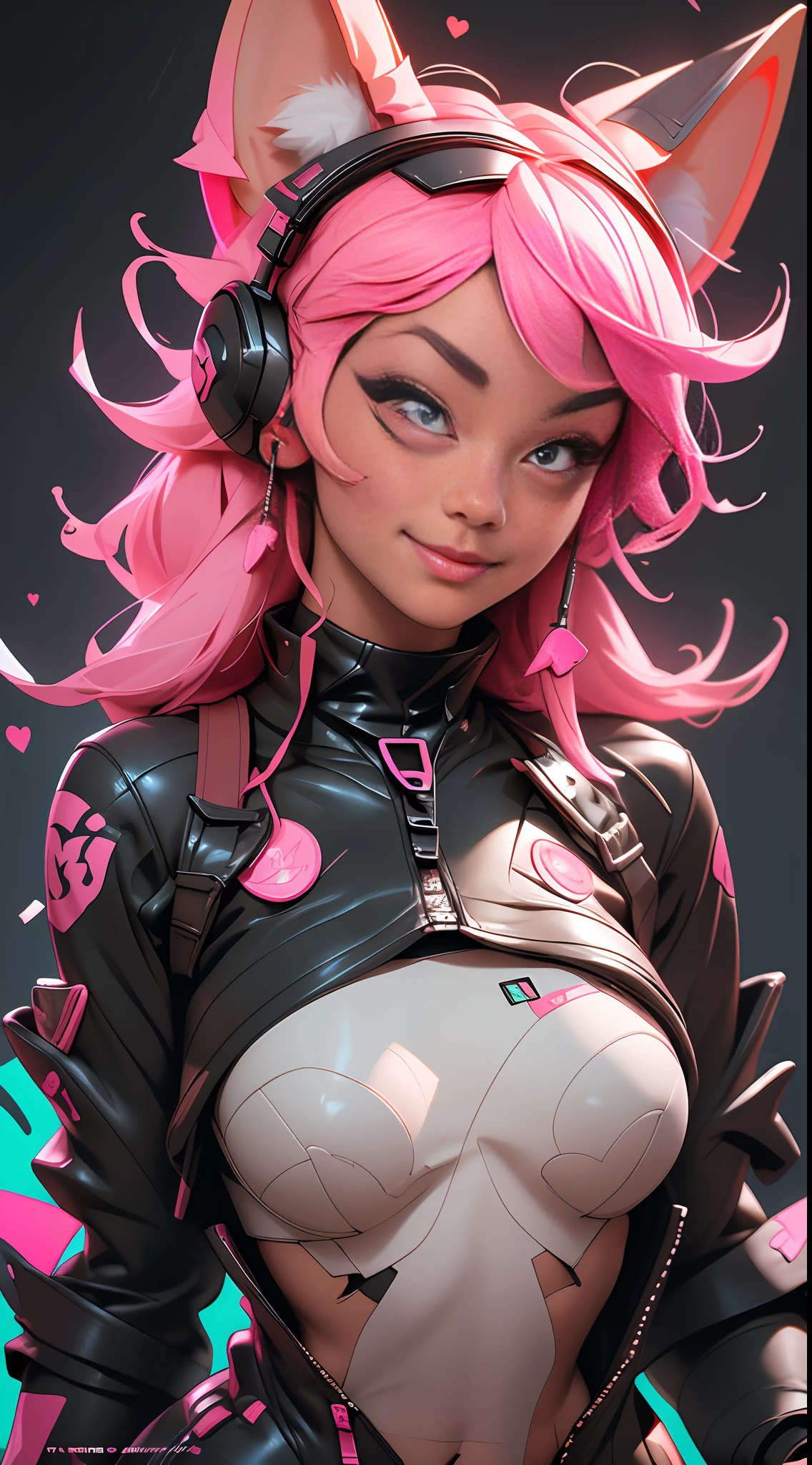 (Best quality), (masterpiece), (realistic) and ultra-Detailed photo of cute 1 nerdy girl in futuristic neon headphones with plastic fox ears on them, She has a (fluffy pink hair), is wearing an leather (unbuttoned) pink-Black racing jacket on a naked body, leather tight shorts,  and exudes a ((beautiful and aesthetic)) vibe, ((huge open erect tits)), (erect nippleslips) , open chest, open tummy, sexy body , detailed pupils and iris of eyes, long eyelashes, Embarrassed and lustful smile,