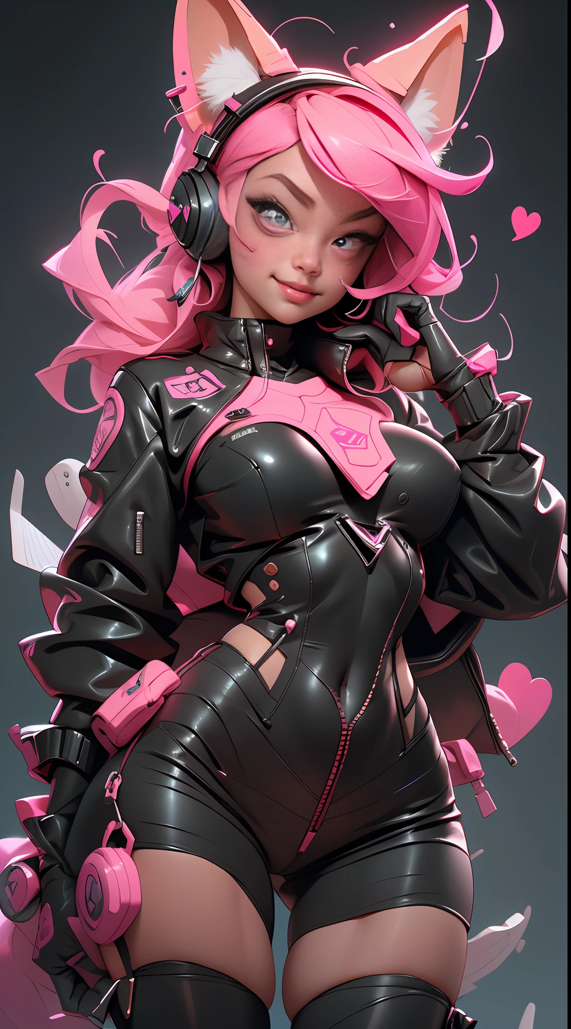 (Best quality), (masterpiece), (realistic) and ultra-Detailed photo of cute 1 nerdy girl in futuristic neon headphones with plastic fox ears on them, She has a (fluffy pink hair), is wearing an leather (unbuttoned) pink-Black racing jacket on a naked body, leather tight shorts,  and exudes a ((beautiful and aesthetic)) vibe, ((huge open erect tits)), (erect nippleslips) , open chest, open tummy, sexy body , detailed pupils and iris of eyes, long eyelashes, Embarrassed and lustful smile,