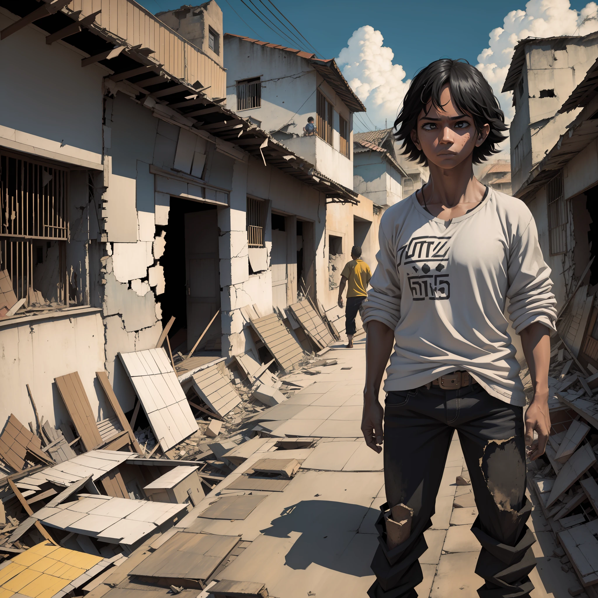 (uma obra-antes), qualidade excepcional, retrato ultra detalhado, camisa preta, casaco preto, black pants, sapatos pretos, rapaz de 15 anos, cabelo preto, olhos escuros, In the background a destroyed house in a busy city