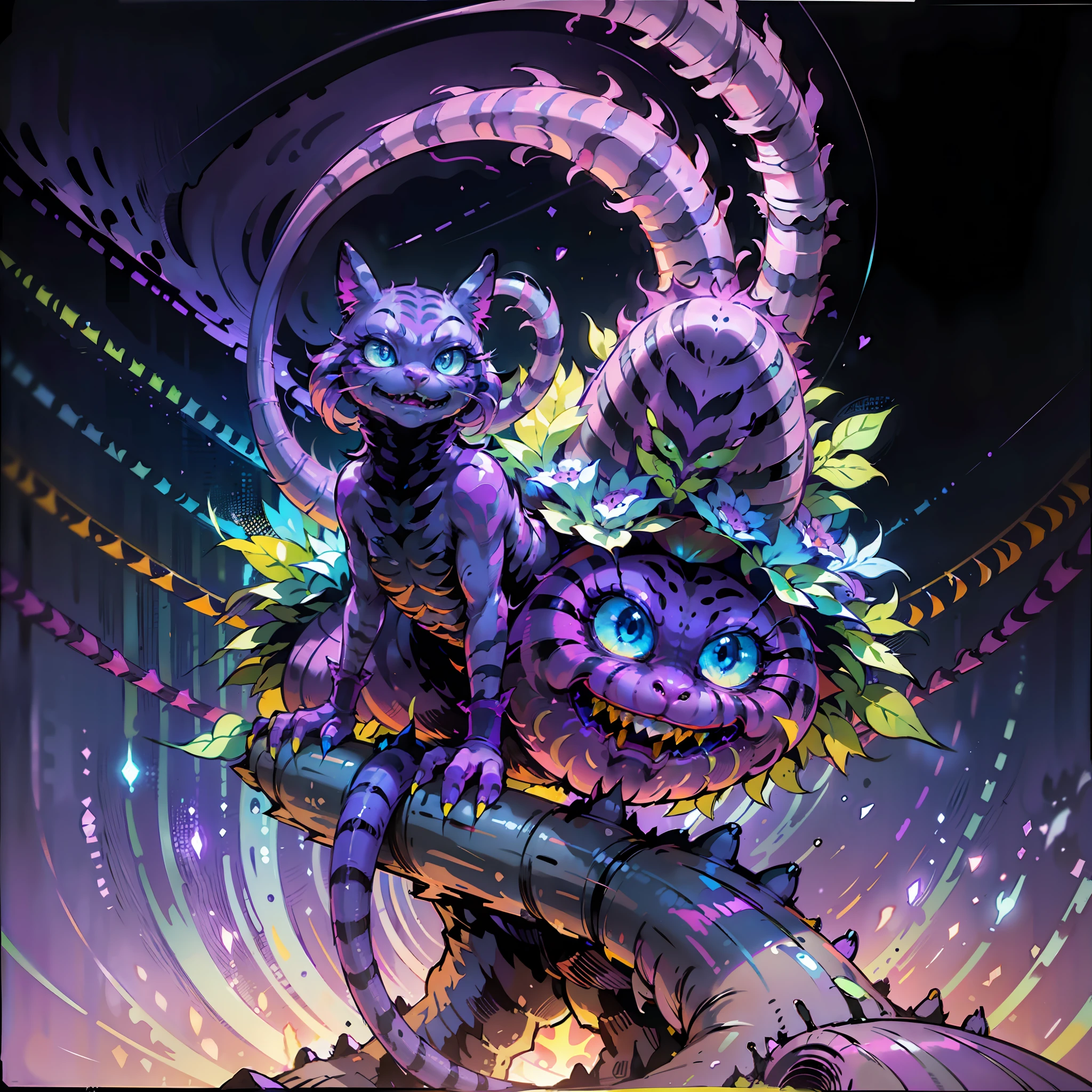 (one cheshire cat:1.3), (wonderful:1.05), (mutant:1.1), (wide mouth), (Brightly-Blue eyes), glowing neon-purple fur, neon striped tail, mischievous, sinister, (creepy), (abstract dark-coloured background), neon lines on the background, sharp focus, (glowing purple fire on background), (full body), udr, 4k, (no human:1.4), (non-human:1.4)