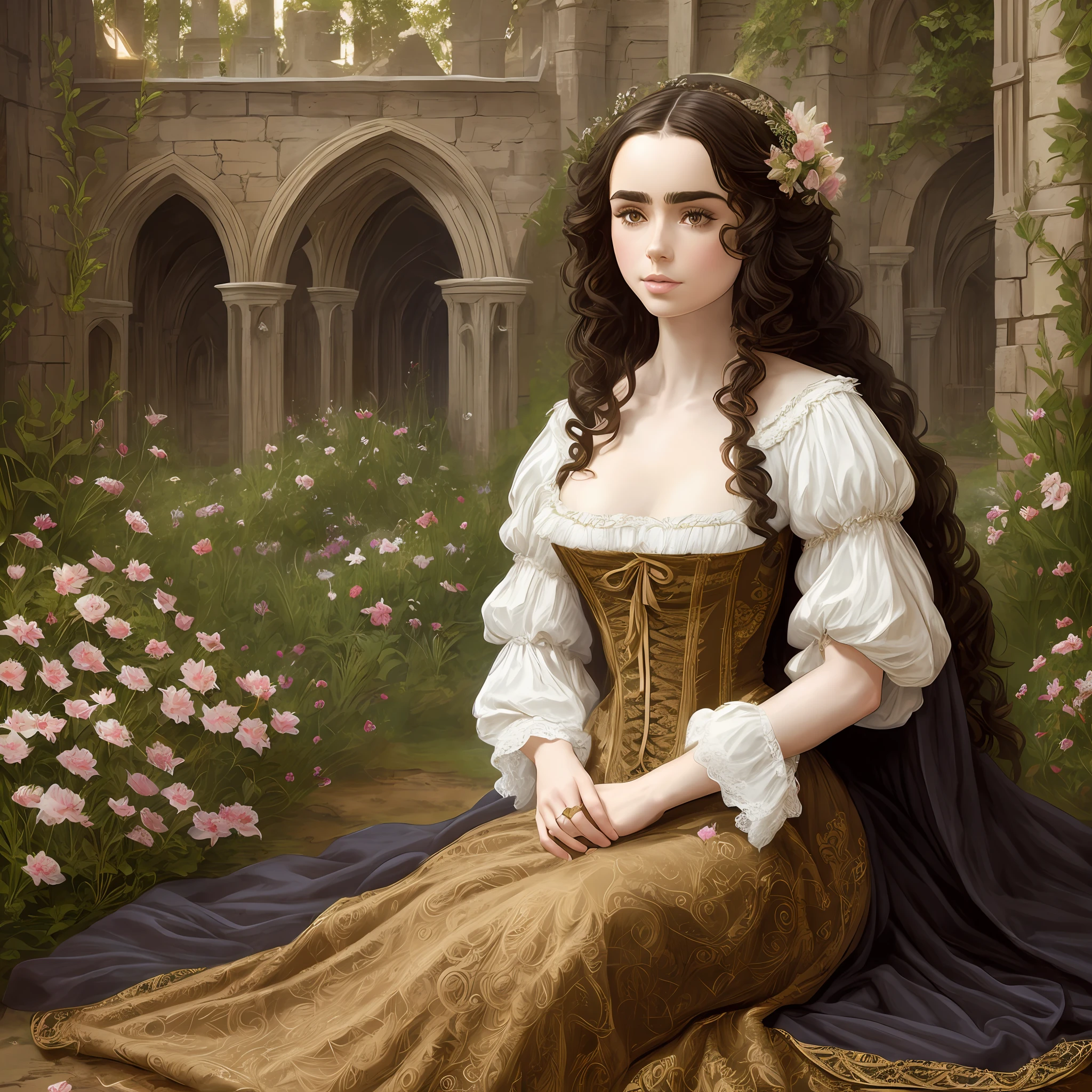 Lily Collins with long black curly hair in a medieval chemise, medieval plebeian clothing, an illustration is detailed, smooth and glossy, full body, HD artwork by Justin Gerard --auto --s2