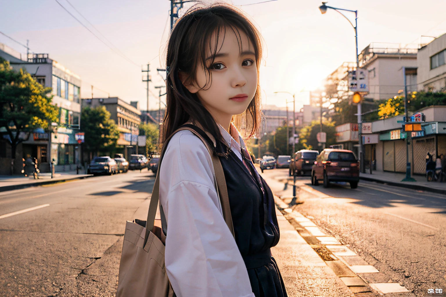 Girl in Korean school uniform, Seoul street background in the city center, The sky is as beautiful as a painting, In high definition to capture the cloud scenery, I want to capture the image of an emotional woman.