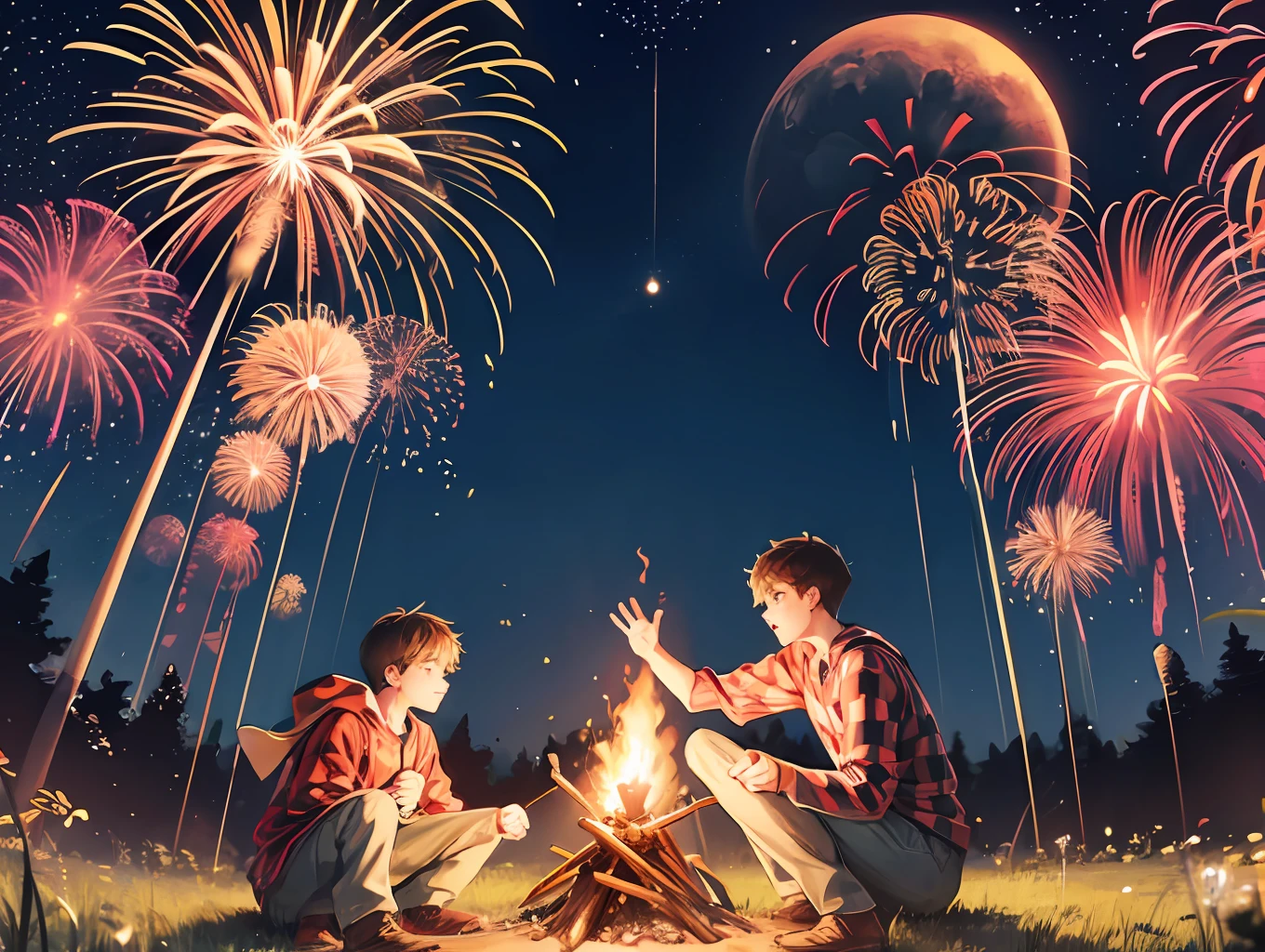 Two boys together, checkered clothes, campfire next to them, rednecks, waning moon, Fireworks sky --auto --s2