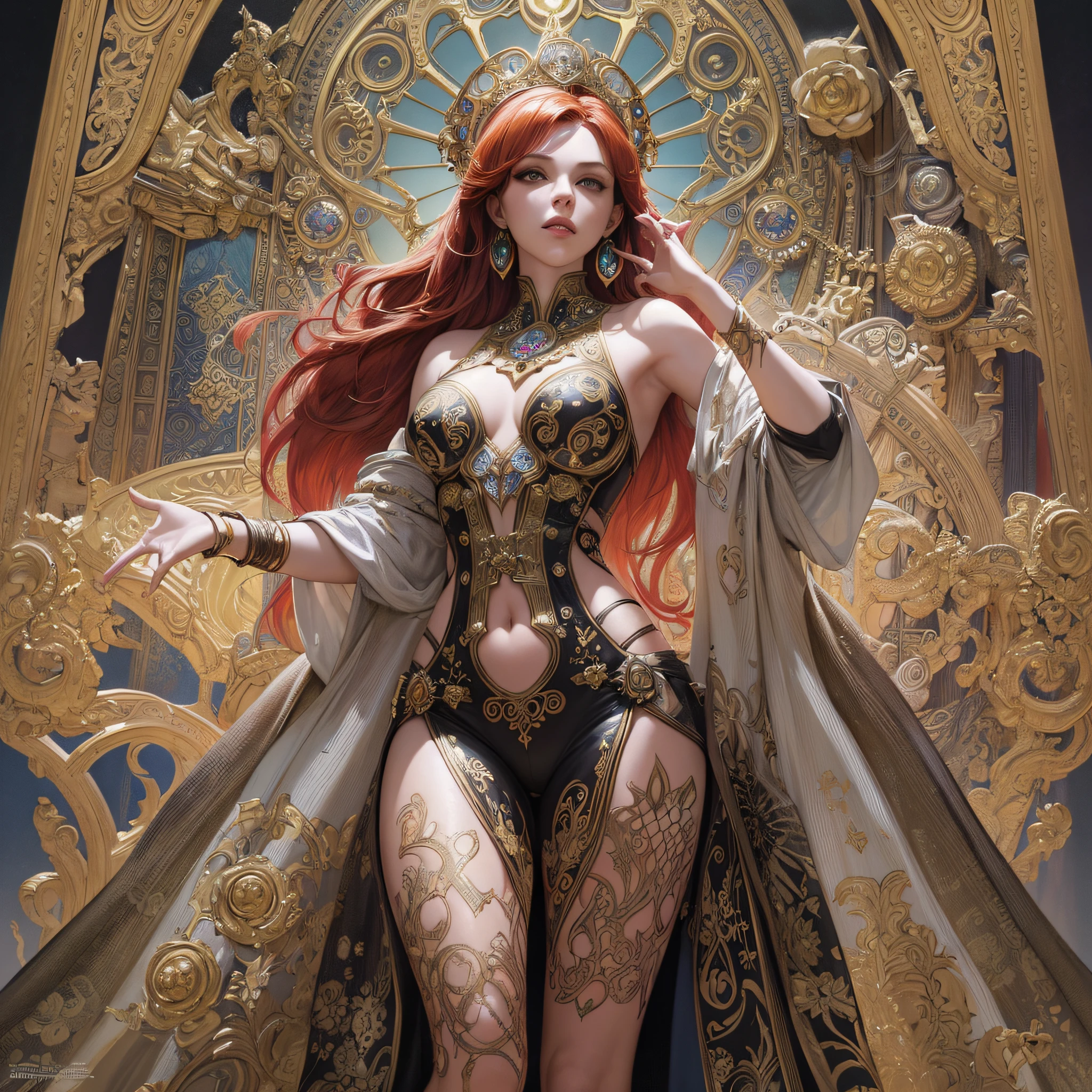 ASHLY YAMILE ARTEAGA BLANQUILLO, starfire, young pale skinny white girl, red hair, full body, cover, hyperdetailed painting, luminism, Bar lighting, complex, 4k resolution concept art portrait by Greg Rutkowski, Artgerm, WLOP, Alphonse Mucha, little fusion pojatti realistic steampunk, fractal isometrics details bioluminescens : a stunning realistic photograph 30 years , redhead, italian goddness beautiful awesome with big white flowers tiara of wet bone structure, 3d render, octane render, intricately detailed, titanium decorative headdress, cinematic, trending on artstation | Isometric | Centered hipereallistic cover photo awesome full color, hand drawn, dark, gritty, realistic mucha, klimt, erte .12k, intricate. hit definition , cinematic,Rough sketch, mix of bold dark lines and loose lines, bold lines, on paper , full body with velvet dress, humanoid, Full body.