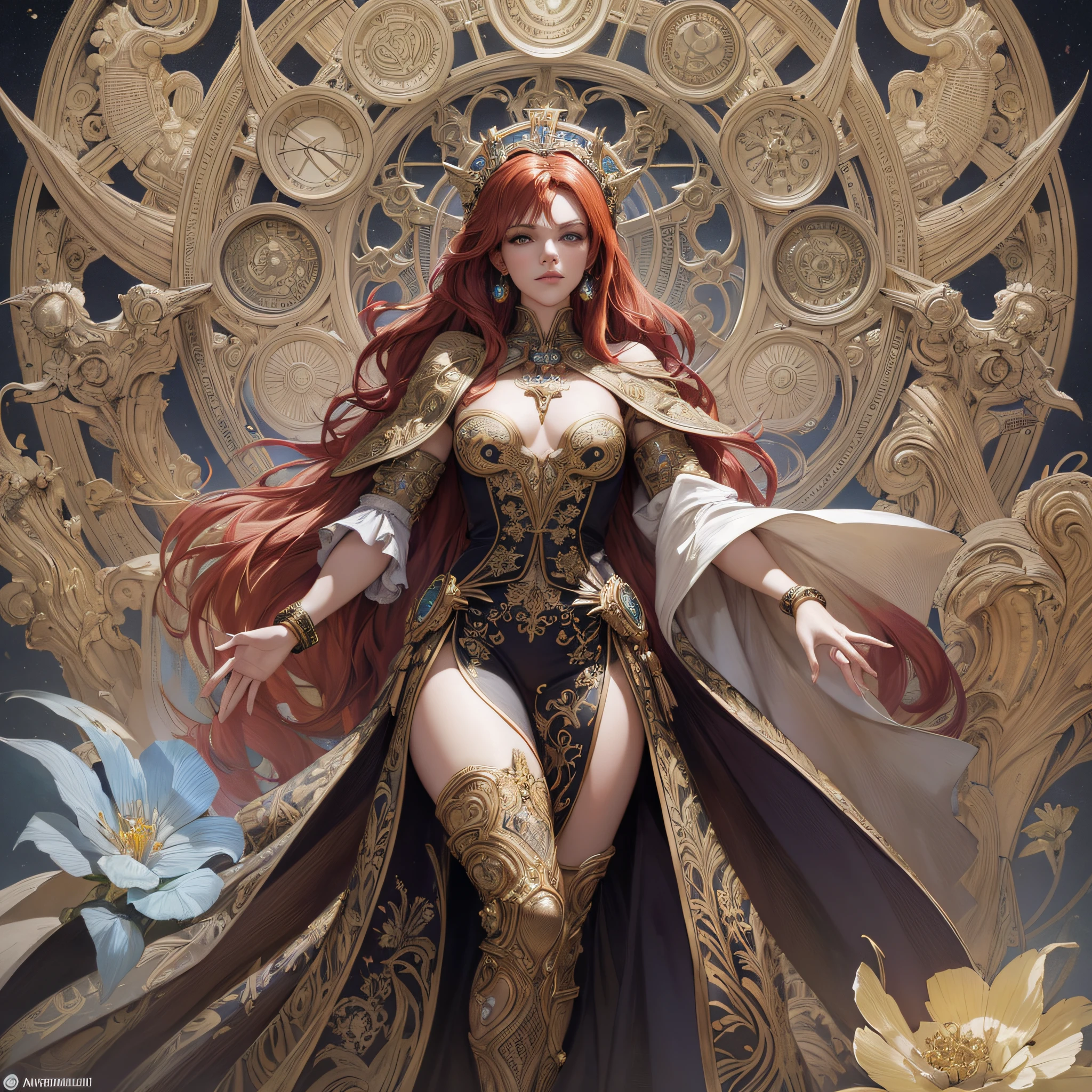 ASHLY YAMILE ARTEAGA BLANQUILLO, starfire, young pale skinny white girl, red hair, full body, cover, hyperdetailed painting, luminism, Bar lighting, complex, 4k resolution concept art portrait by Greg Rutkowski, Artgerm, WLOP, Alphonse Mucha, little fusion pojatti realistic steampunk, fractal isometrics details bioluminescens : a stunning realistic photograph 30 years , redhead, italian goddness beautiful awesome with big white flowers tiara of wet bone structure, 3d render, octane render, intricately detailed, titanium decorative headdress, cinematic, trending on artstation | Isometric | Centered hipereallistic cover photo awesome full color, hand drawn, dark, gritty, realistic mucha, klimt, erte .12k, intricate. hit definition , cinematic,Rough sketch, mix of bold dark lines and loose lines, bold lines, on paper , full body with velvet dress, humanoid, Full body.