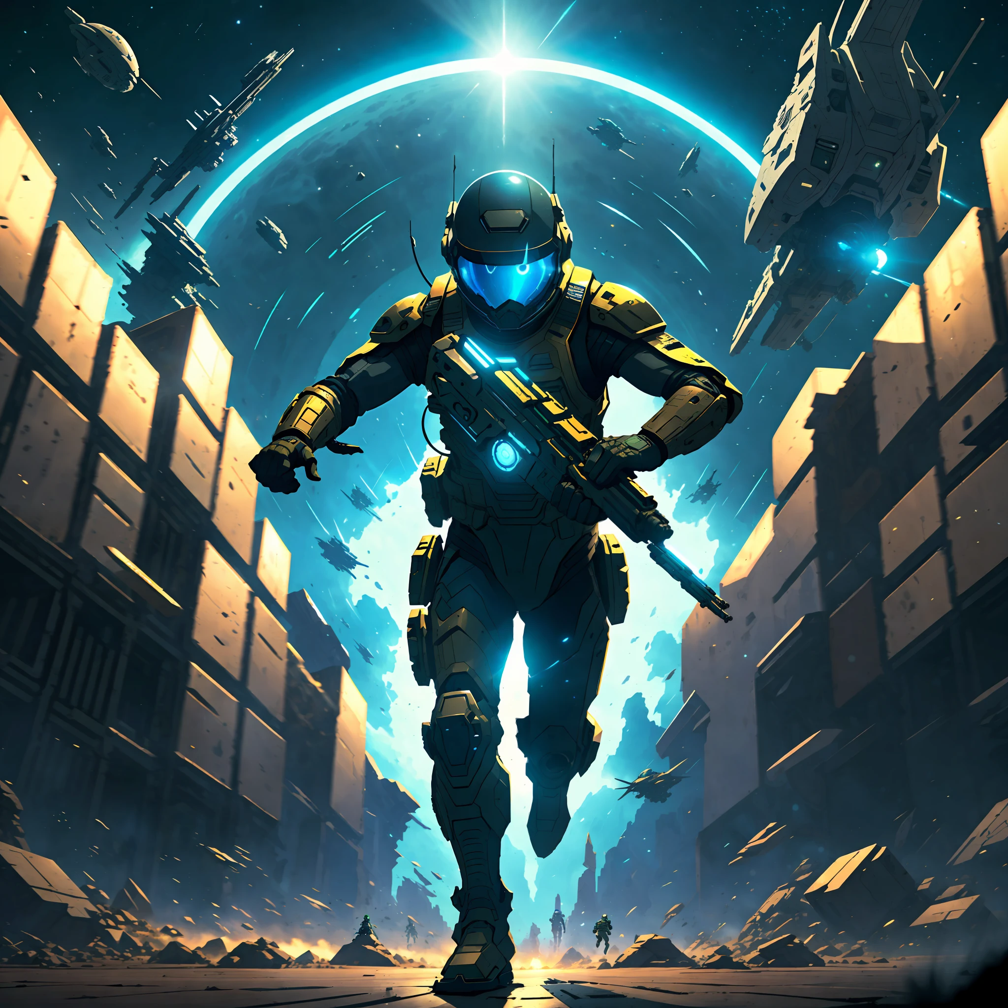 Jake Gyllenhaal as a space soldier shooting at aliens, gun that shoots electric rays, his space skater outfit with protective helmet, shooting and running towards a spaceship. Environment destroyed in war, several soldiers helping him. --auto --s2