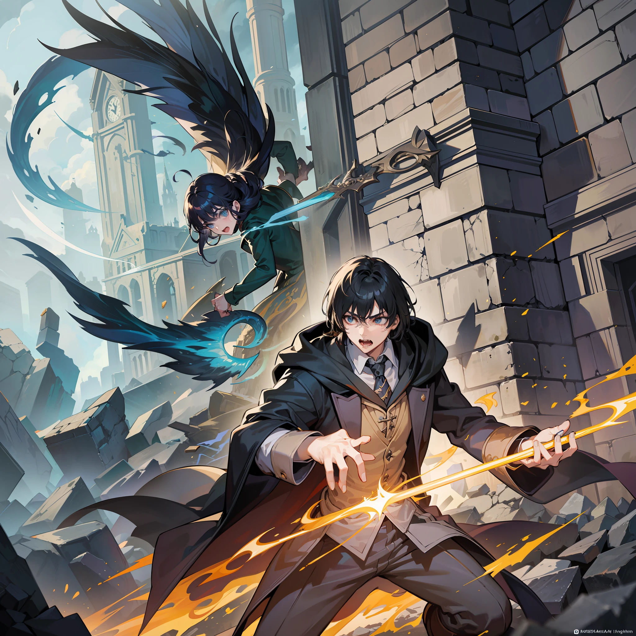In the midst of a fierce and epic wizard battle within the enchanting Hogwarts universe, Harry Potter, the valiant young wizard, faces his nemesis, Lord Voldemort, in a climactic showdown. The scene is filled with swirling spells, crackling energy, and explosive bursts of magic. The environment reflects the intensity of the battle, with crumbling stone walls and shattered windows revealing the chaos unfolding. Harry Potter, with determination in his eyes and his wand raised, unleashes a powerful spell, while Lord Voldemort, his serpent-like visage contorted with rage, counters with dark and formidable magic. The air crackles with tension and danger, as the clash between good and evil reaches its crescendo. The image is rendered in a dynamic and action-packed illustration style, capturing the movement and energy of the duel. Vibrant colors and intricate details bring the scene to life, showcasing the immense power and courage exhibited by these iconic characters.
