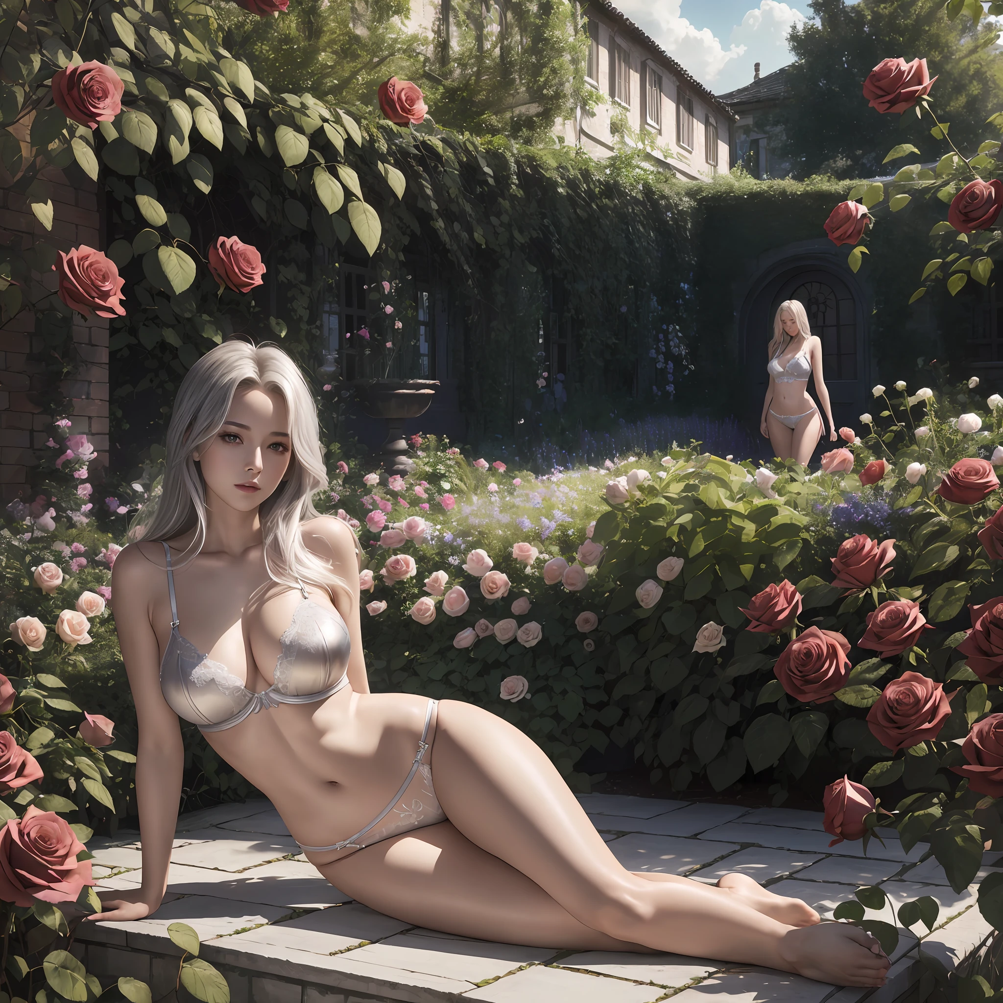 the highest quality, masterpiece, Ultra High Res, (photorealistic:1.4), raw photograph, 1 Mature girl(Rose), length silver hair, Lustrous Skin, Dramatic Lighting, (garden background:1.2)、Slurry and long legs、Plump mune、Lingerie in skimpy