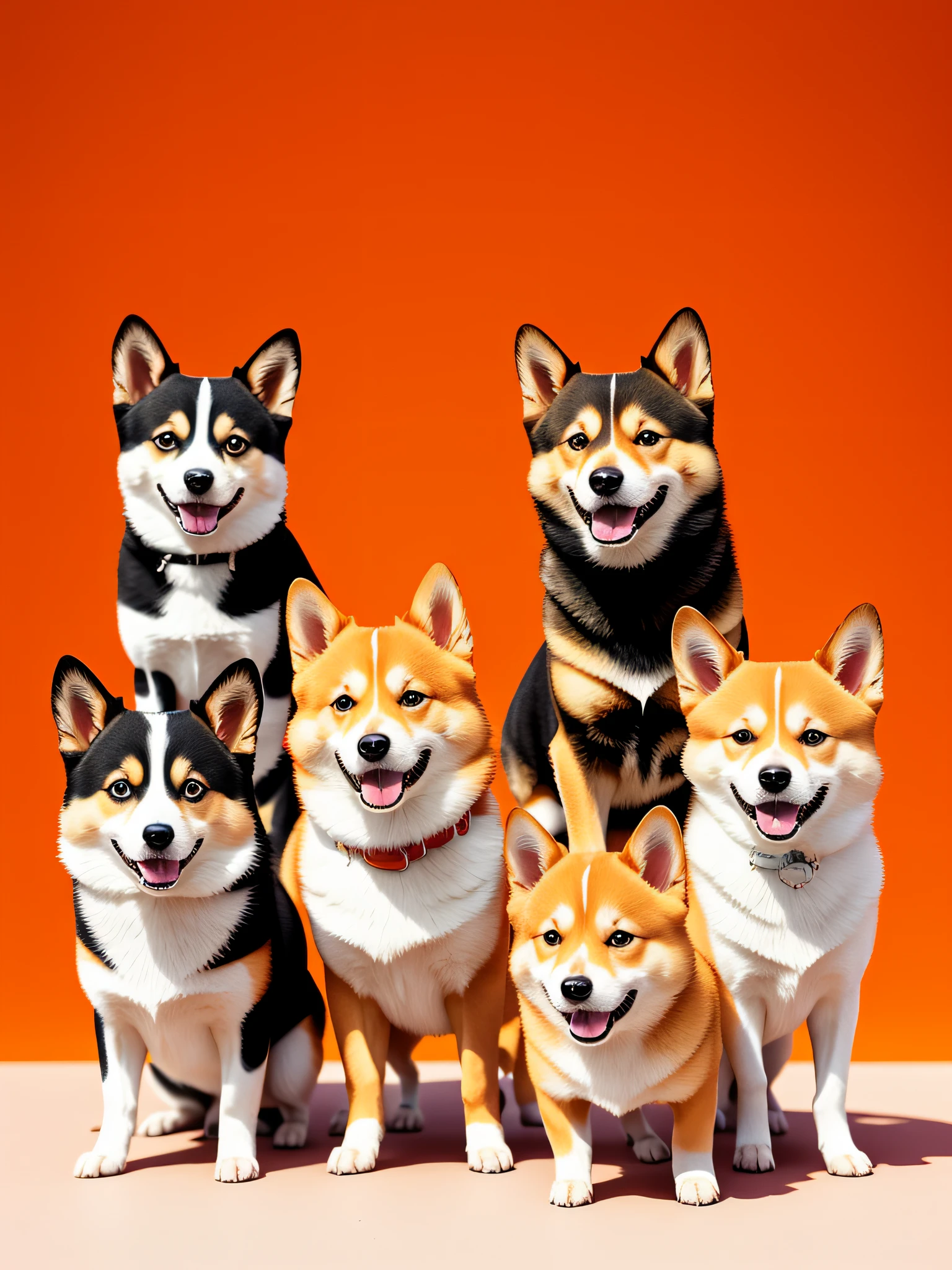 three dogs are parading on the catwalk together with orange background, corgis in no man's sky, inspired by Shiba Kōkan, doge, anthropomorphic shiba inu, dogs, shibu inu, orange and black, shiba inu, white and orange, lineless, orange red black white, maxim sukharev, hyper - realistic