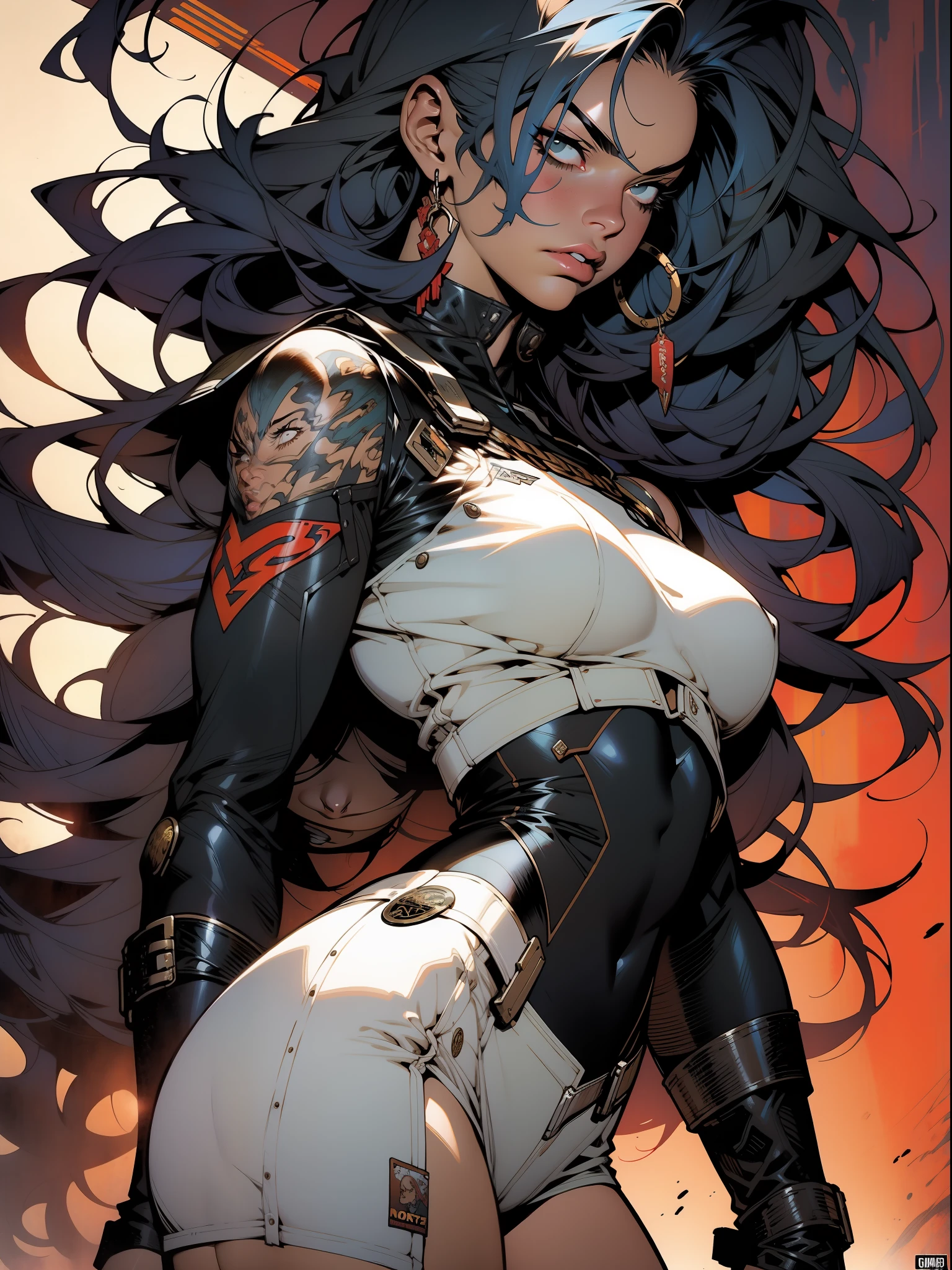 Uma guerreira mulher de 35 anos musculosa quase nua no estilo Simon Bisley para a capa da revista Heavy Metal, cabelo moicano colorido, Minimum clothing, Roupas curtas manchadas de tinta,