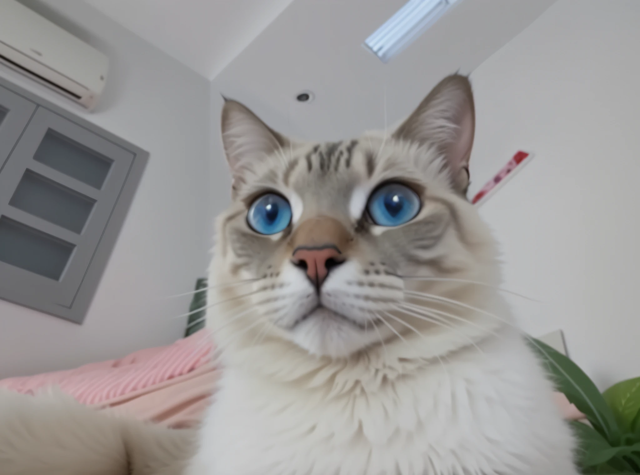 there is a cat that is laying down on a bed, pale blue eyes!, foto do gato, looking up at camera, looking up at the camera, pale blue eyes, cinza claro-olhos azul, sky blue eyes, looking up at camera, staring directly into camera, stares at the camera, olhos azul!, staring directly into camera, staring directly into camera, anime