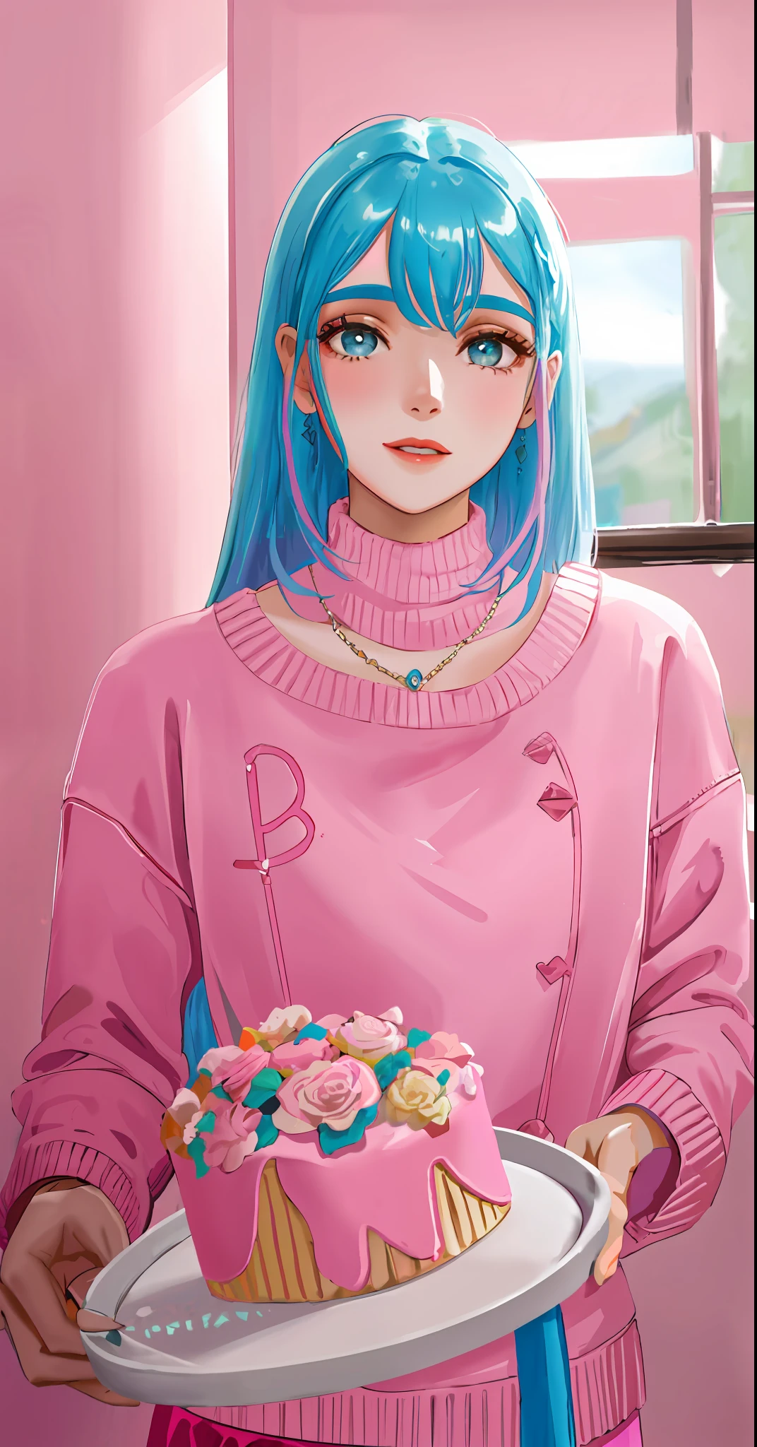 joven mujer sosteniendo un pastel con glaseado y un glaseado rosa, pelo rosa, mirando al espectador, pelo corto de rosa con azul claro, sweater and skirt