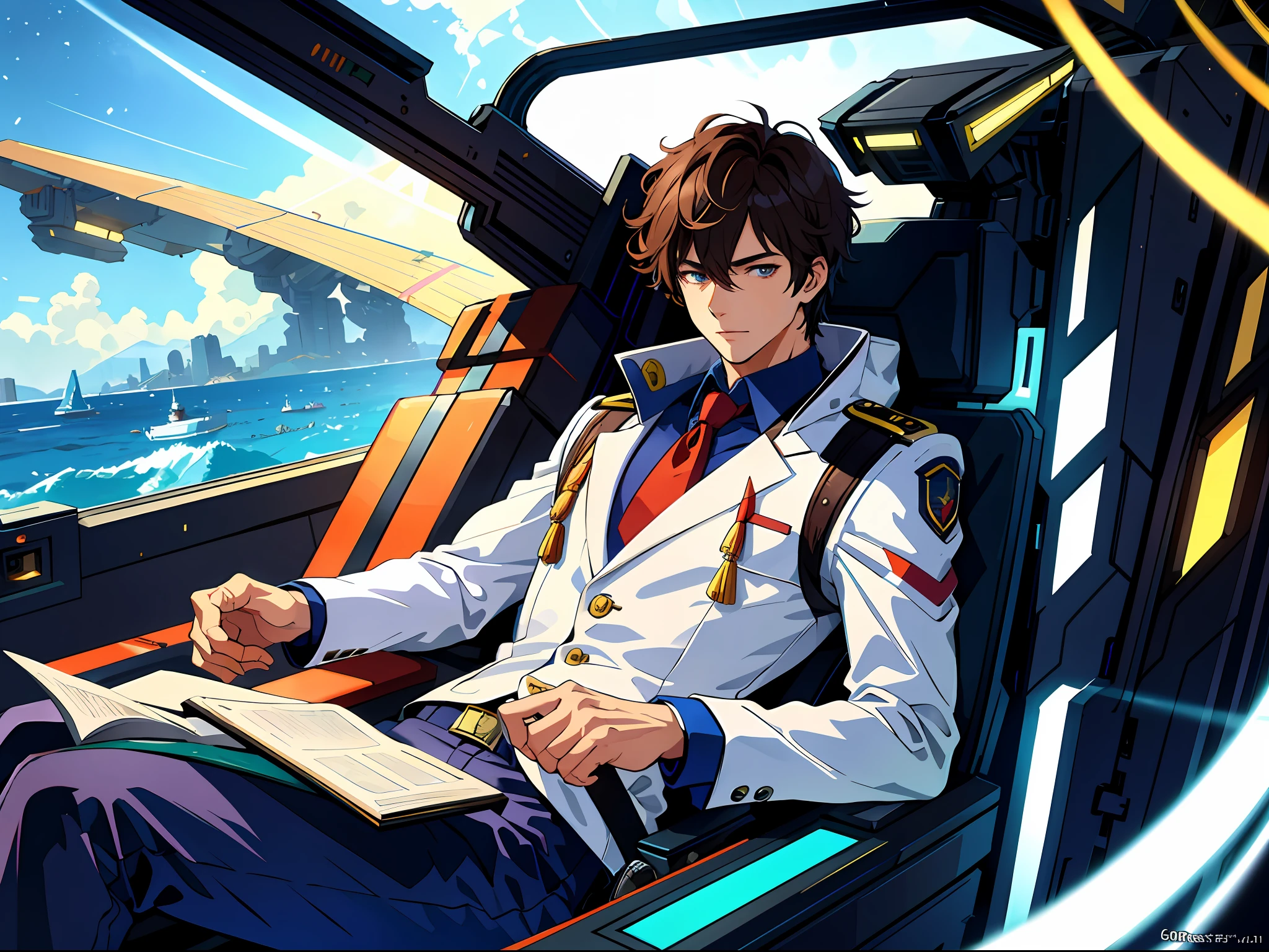 high resolusion，maximum quality，illustartion，Ultra detailed，A handsome young man was sitting in the cockpit of the mecha