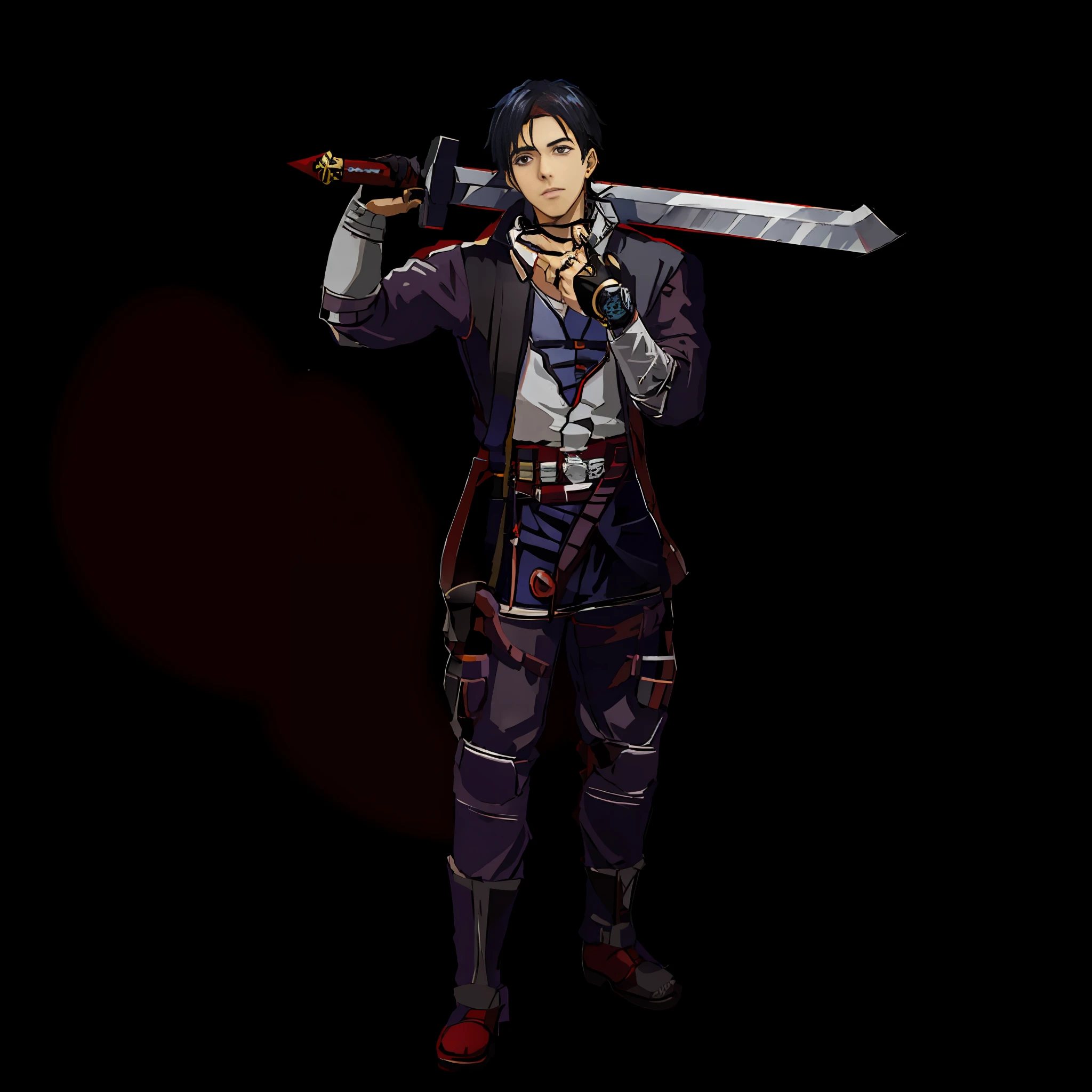 anime character with sword and red scarf holding a sword, RPG Retrato Corpo Inteiro, Retrato RPG de corpo inteiro, full body character concept, conceito de corpo inteiro, Gatilho Estilo de Arte de Anime, single character full body, inspirado em Kamisaka Sekka, Coringa como Naruto, Retrato de corpo inteiro do personagem, personagem estilo anime, full body single character, Retrato de personagem DND de corpo inteiro