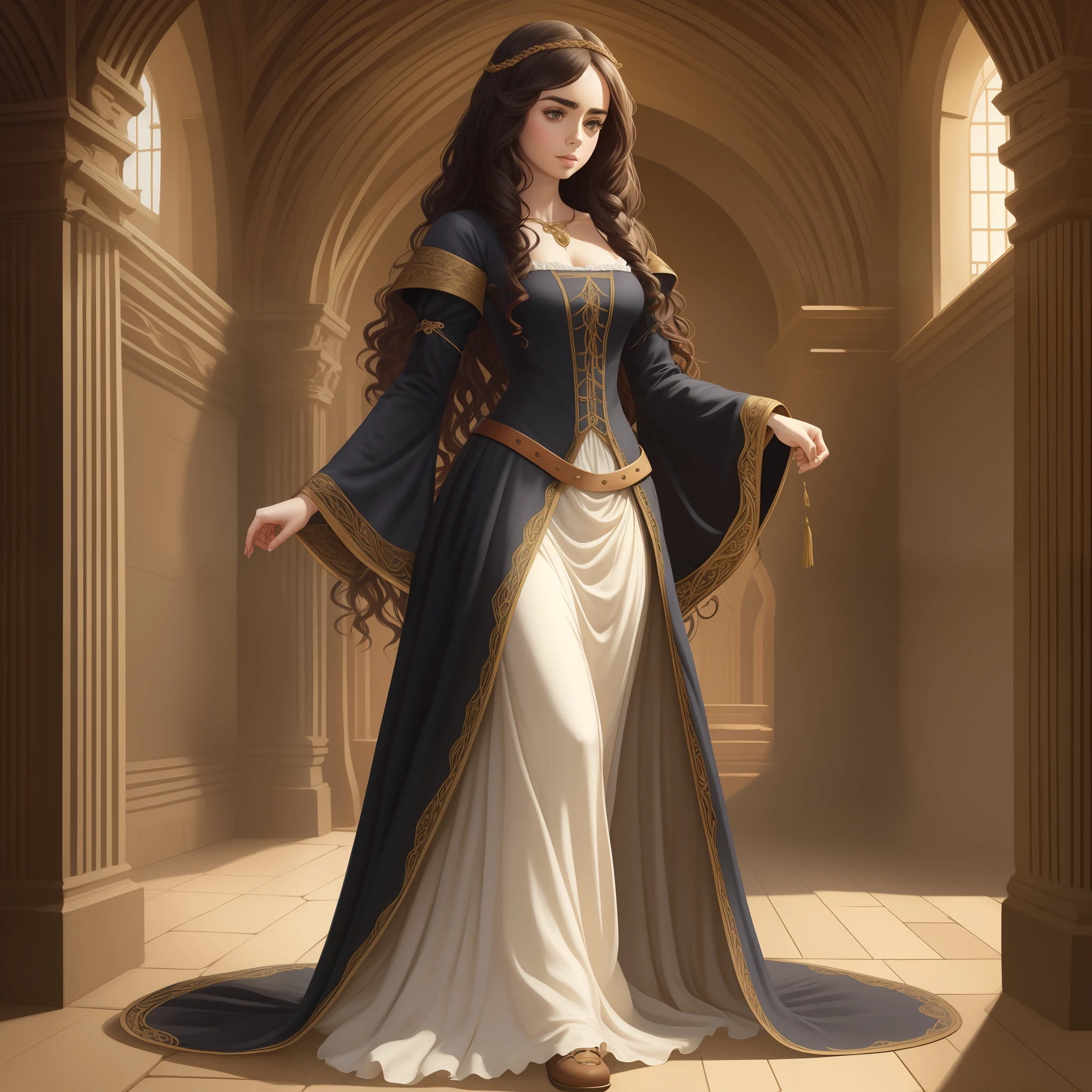 Lily Collins with long black curly hair in a medieval chemise, medieval plebeian clothing, an illustration is detailed, smooth and glossy, full body, HD artwork by Justin Gerard