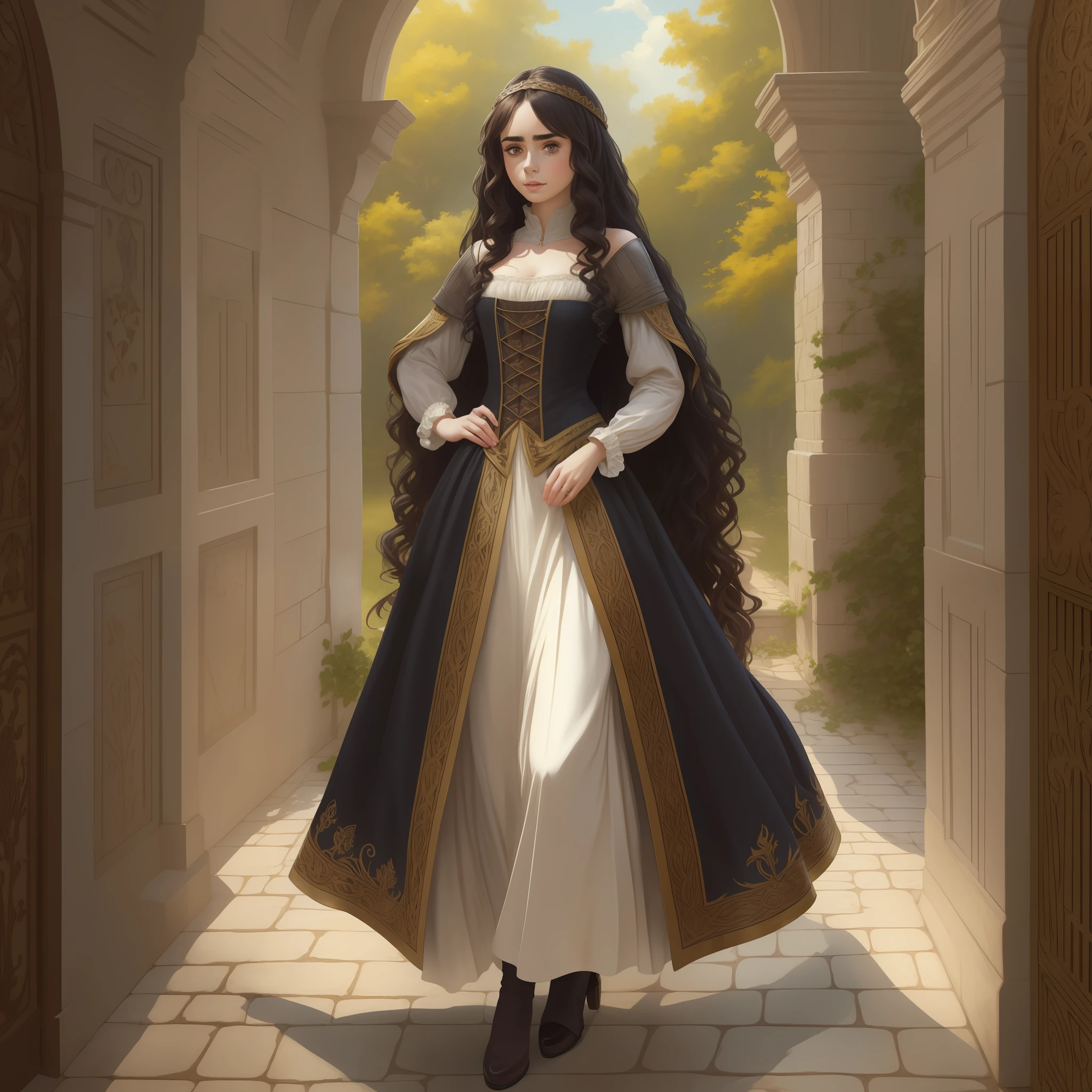 Lily Collins with long black curly hair in a medieval chemise, medieval plebeian clothing, an illustration is detailed, smooth and glossy, full body, HD artwork by Justin Gerard