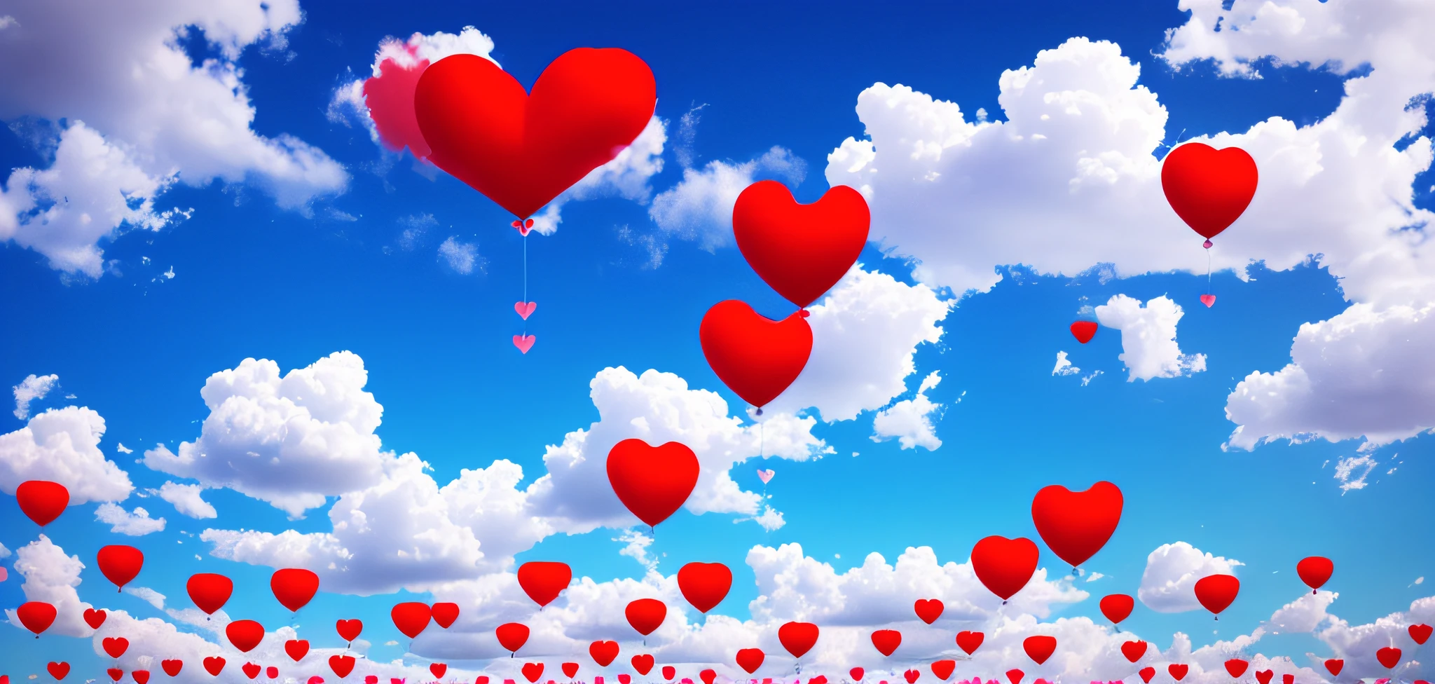 create an image of many bright red hearts in the blue sky with clouds behind --auto --s2