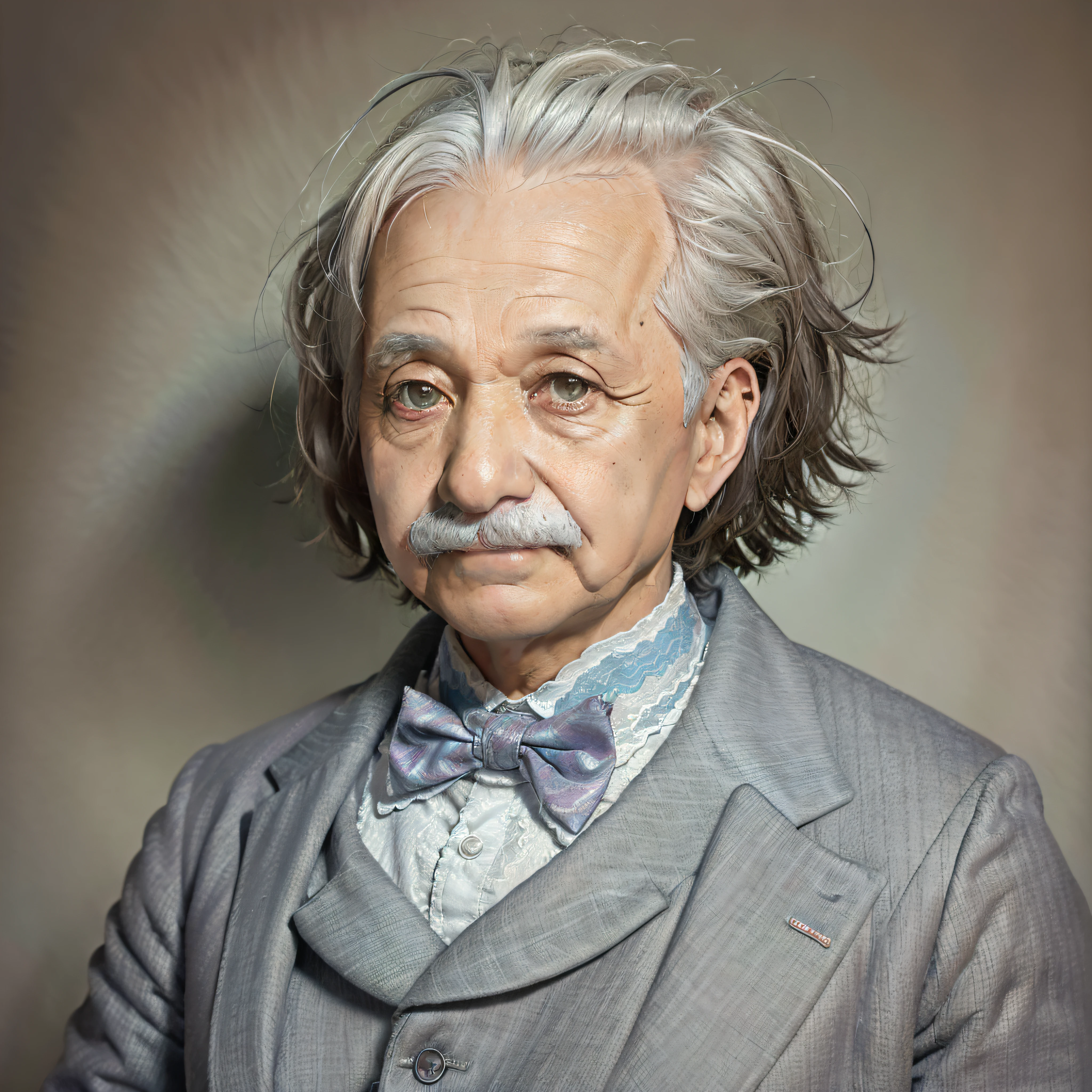 Character portrait of Albert Einstein, standing on stage, side profile, caricature, chibi, kawaii,3d rendering, octane rendering, volumetric light, victorian fashion, metallic, highly-detailed symmetric face, detailed eyes, ultra sharp, highest quality, art by Anja Millen and George Cruikshank and Bordalo II, smooth, sharp focus, trending on artforum, behance hd, kids story book style, muted colors, watercolor style