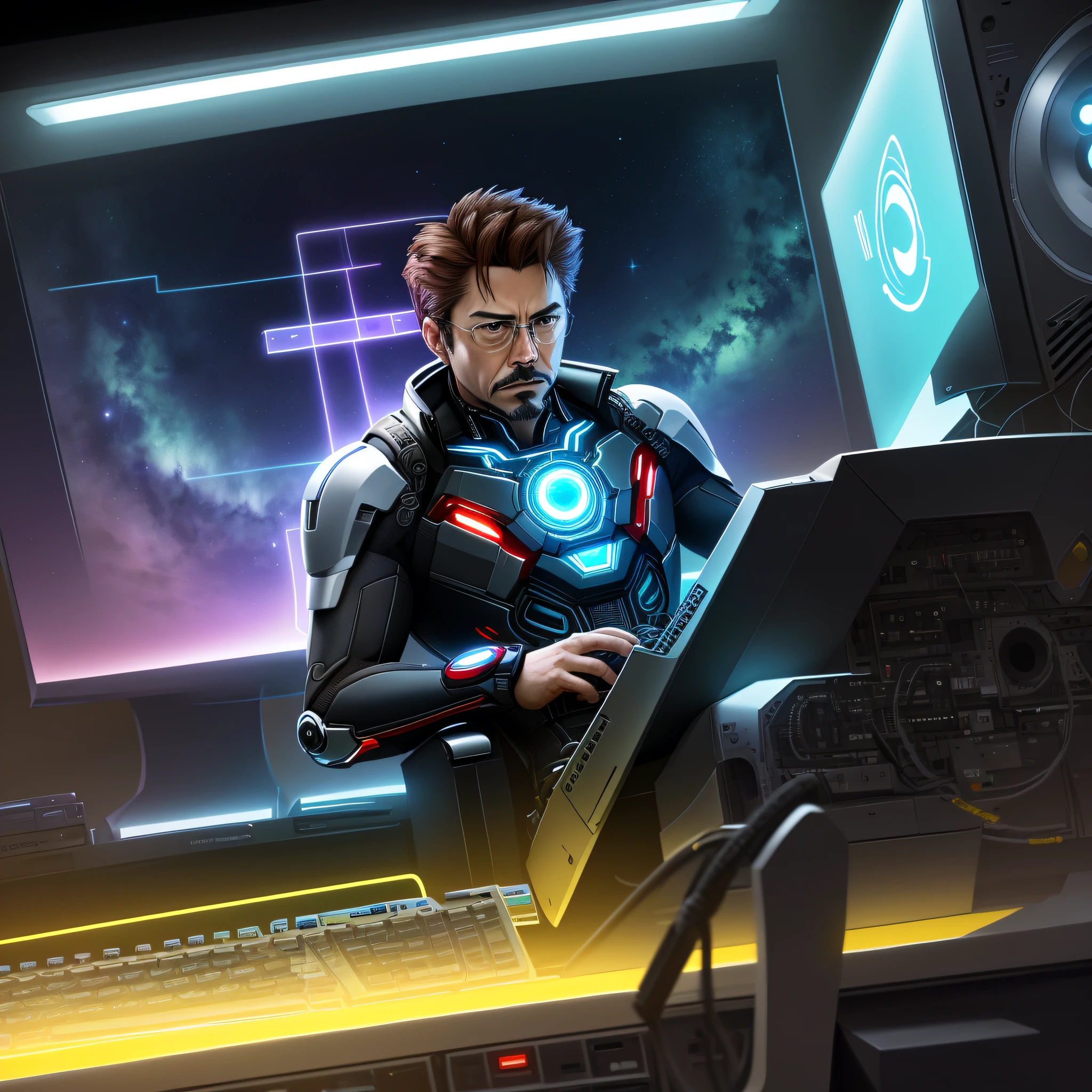 Tony Stark is sitting around fiddling with the computer, arte conceitual Computador RetroFuturismAI, monitor volumoso, noite com luzes led, ambiente iluminado pelo monitor do computador