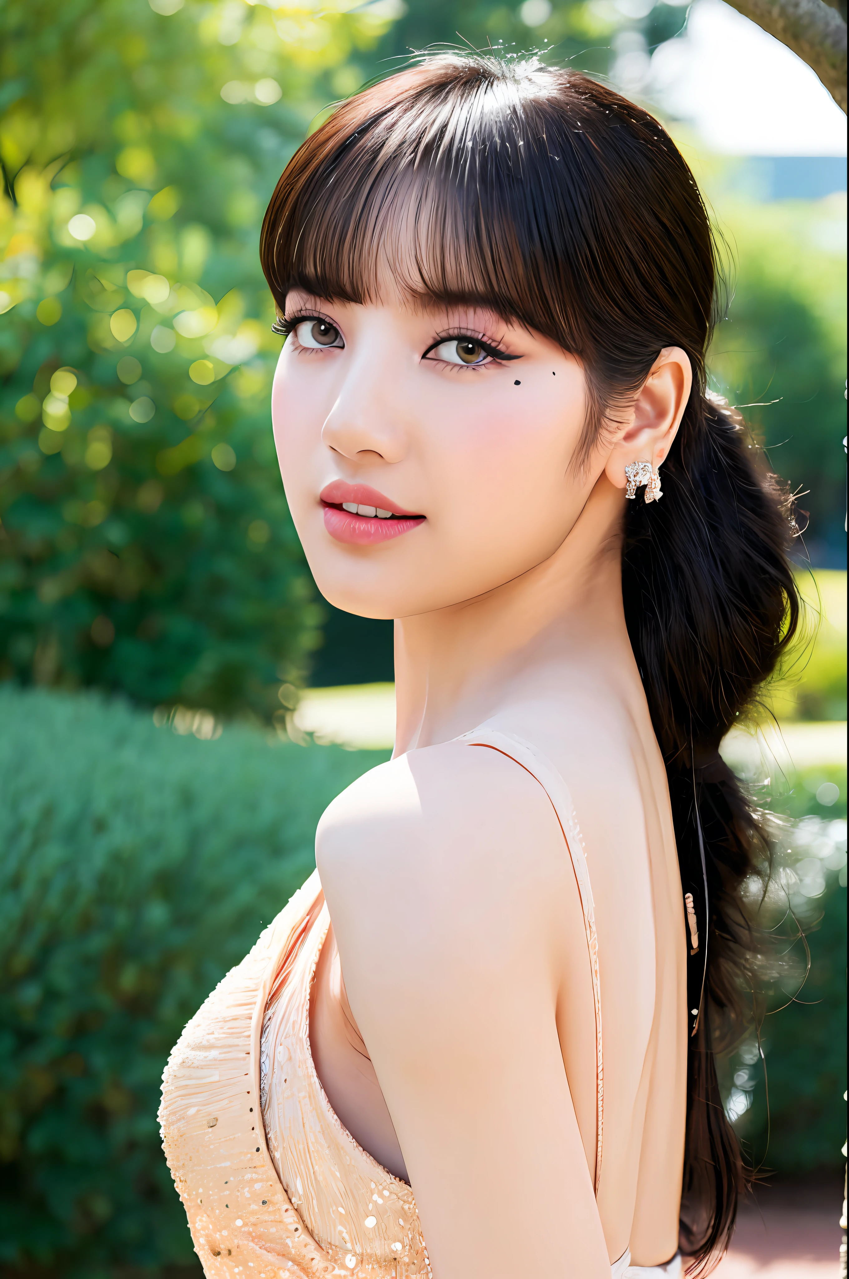 20 years old woman, RAW photo, (((bokeh))), (photorealistic:1.4, realistic), highly detailed CG unified 8K wallpapers, 1girl, ((looking at viewer:1.25)), ((straight from front)), (HQ skin:1.8), 8k uhd, dslr, soft lighting, high quality, film grain, Fujifilm XT3, ((wedding dress)), (((at park))) ,  lalisamanoban ((eye makeup:1.2)) ((full body:1.2))