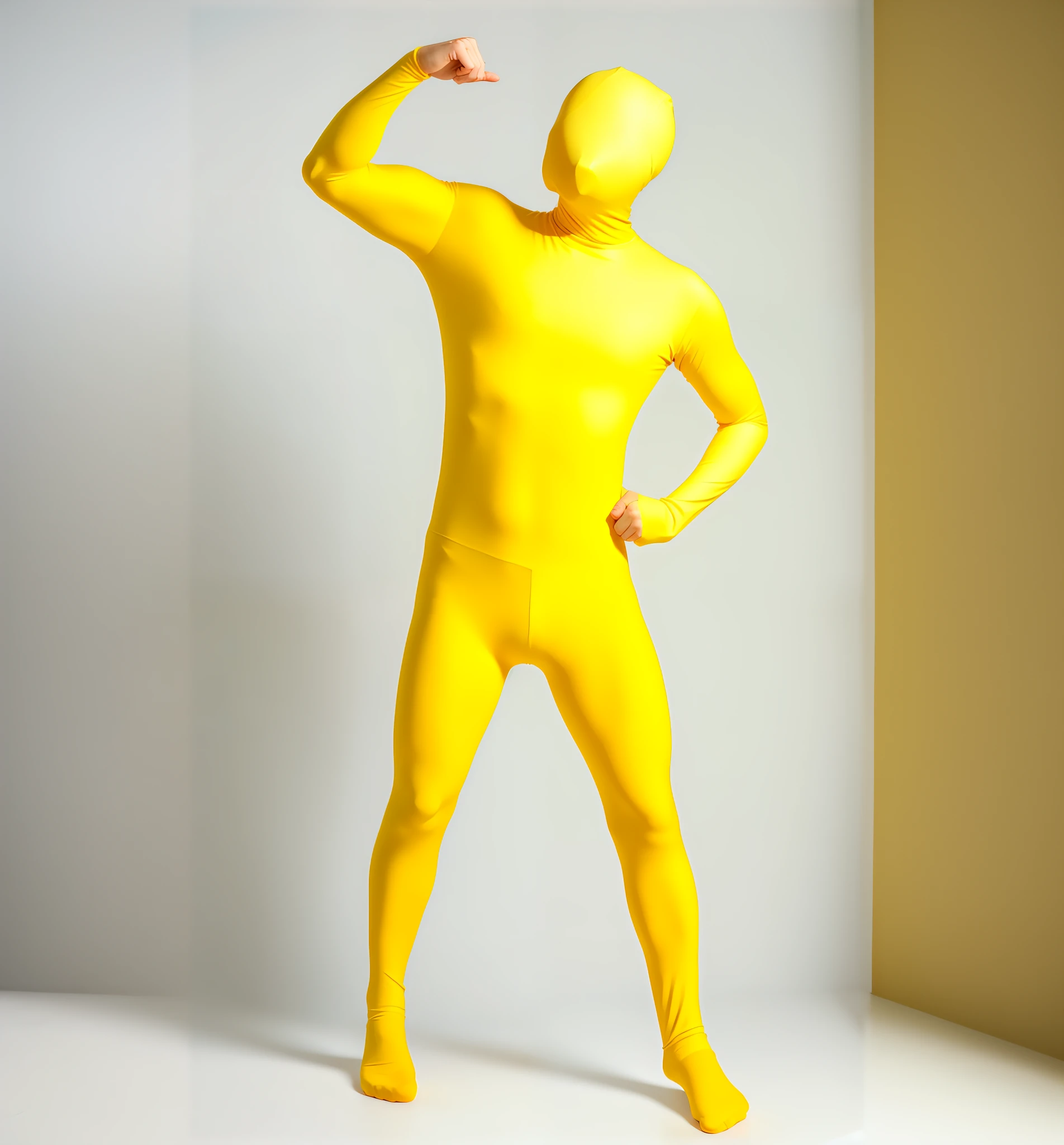 yellow man in a yellow bodysuit posing for a picture, zentai suit, lycra costume, fullbodysuit, yellow x-man costume, yellow skin, in spandex suit, tight full body suit, skintight suits, mono-yellow, elegant yellow skin, yellow overall, wearing tight suit, yellow space suit, with yellow cloths, (((yellow)))