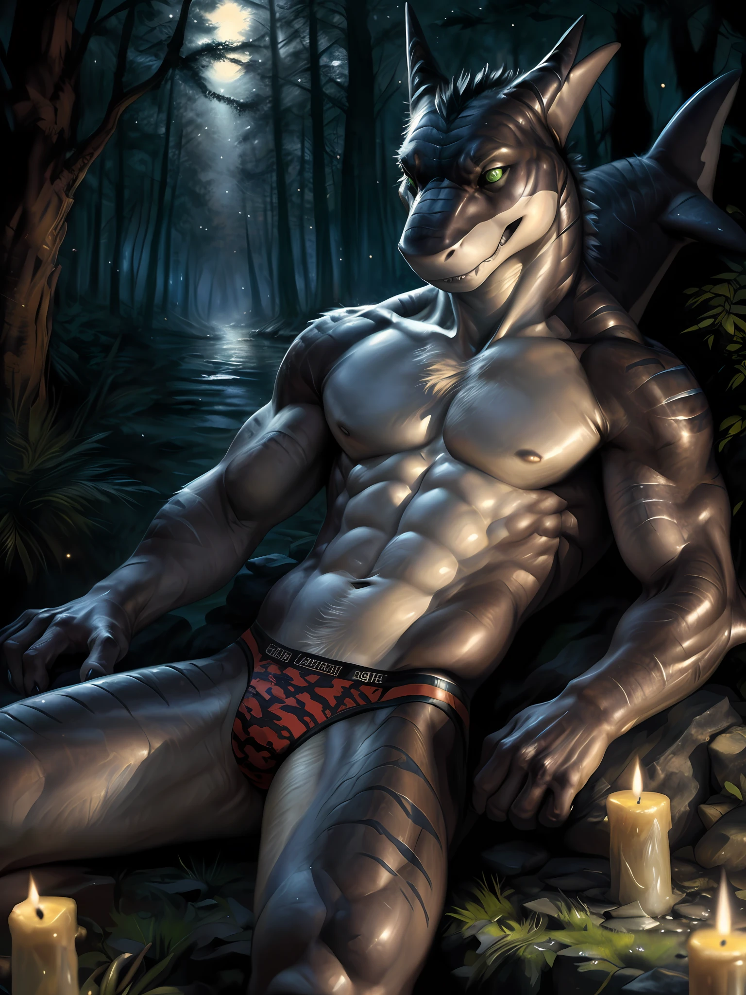 solo, girl, (fit, abs), (female anthro shark):1.3, body scales, white belly, (laying on back):1.3, (kemono:1.4)
((small tiny black thong) (red pattern:1.2)),
detailed eyes, shark fin, ((body portrait)),
, (detailed eyes, green eyes, glowing eyes):1.1,
(outdoors:1.35), forest, candle, night, (particles ,firefly, blue glowing):1.3,
detailed background, photorealistic, realistic hands, 8k HD,
(dark shadows, wide dynamic range, hdr, low light:1.2),
by (by Pino Daeni, (by ruaidri), (by virtyalfobo), (by Kenket).