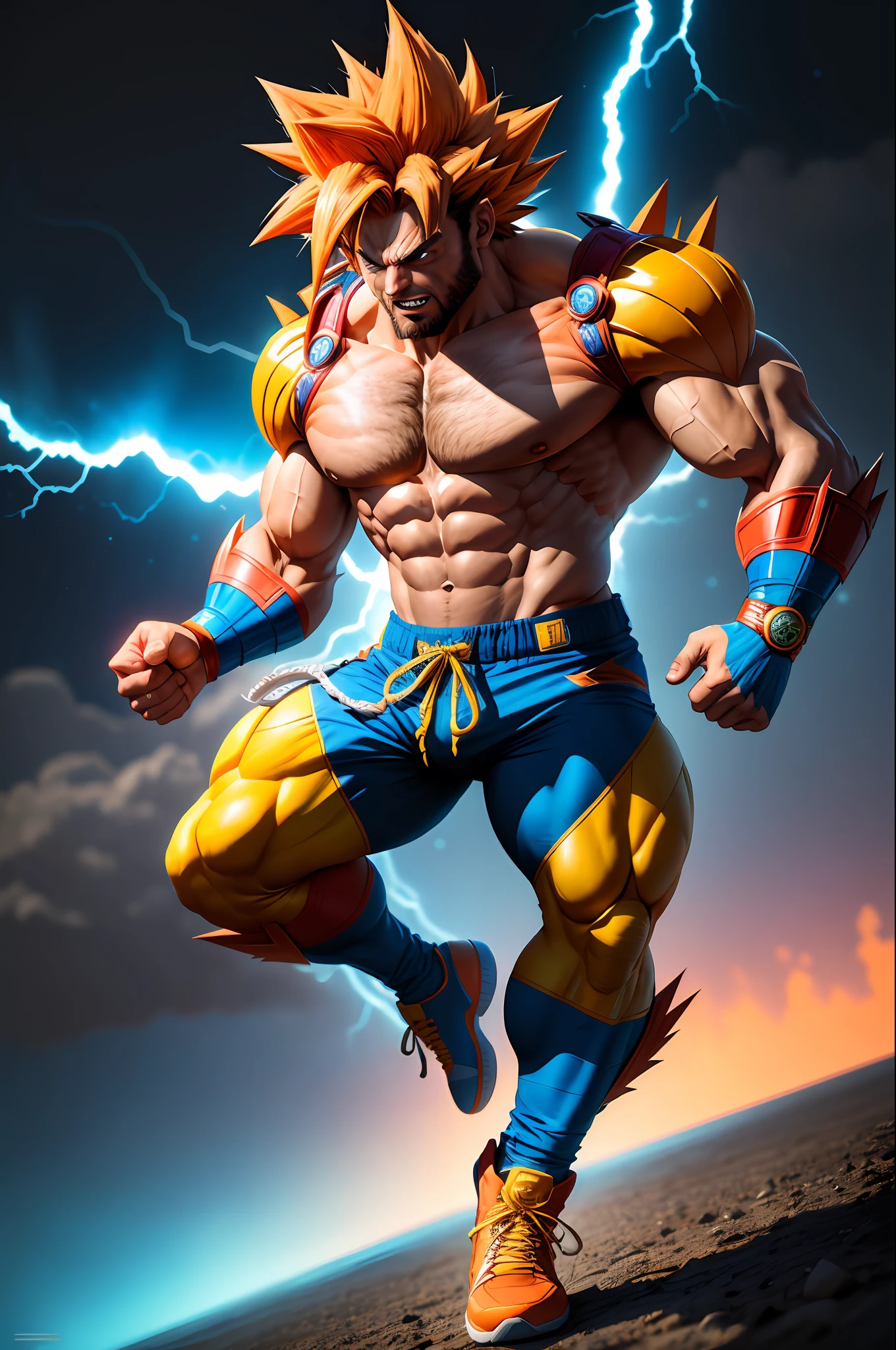 Obra prima, Goku merged with Wolverine, por Marvel, Goku misturado com wolverine, detalhes intrincados, melting, 8k, DSLR, cinematic, fitness, musculoso, ((com garras aparentes)), cyberpunk, Uniform Fusion, amarelo, azul e vermelho.