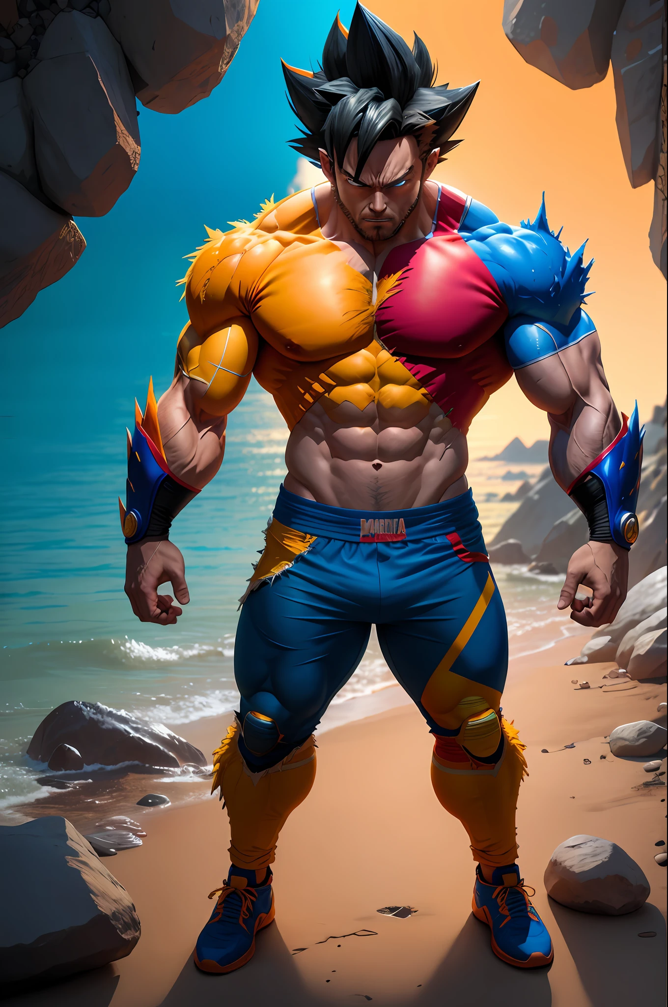 Obra prima, Goku merged with Wolverine, por Marvel, Goku misturado com wolverine, detalhes intrincados, melting, 8k, DSLR, cinematic, fitness, musculoso, ((com garras aparentes)), cyberpunk, Uniform Fusion, amarelo, azul e vermelho.