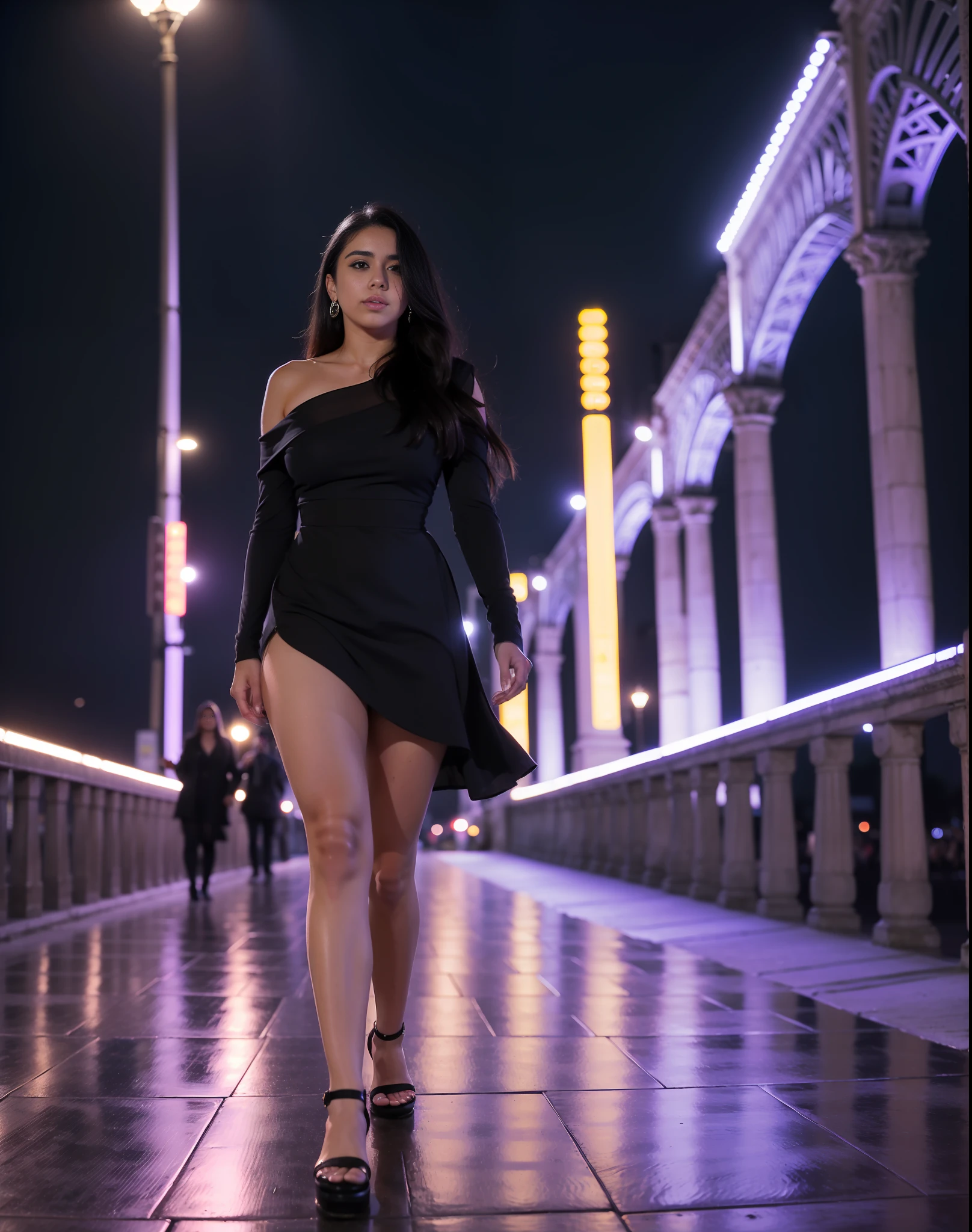"(((obra maestra)), la mejor calidad, Sensual quiseañera dress, happy and elegant Lauren Jauregui strolling through a city at night neon lighting, plano amplio, bridge of Paris Italy , luz dorada, sombras suaves."