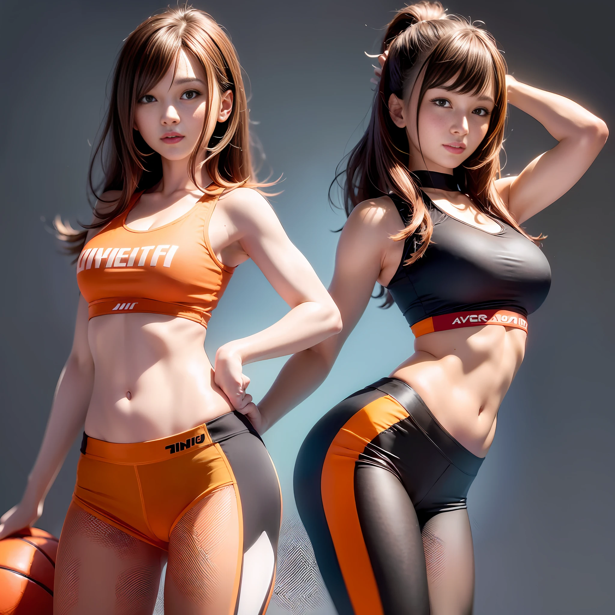 one young woman (holding a basketball between her hands and hips), (orange colored basketball), wearing (red sport bra) and (black shorts) and (red cropped jacket), medium straight brown hair, brunette, nice smile, white skin, posing with hands on hips, fit girl, fit tights, fitness clothes, athletic body, fit woman, white clear wall background, front shot, (extremely detailed unity 8k wallpaper, best quality, masterpiece)