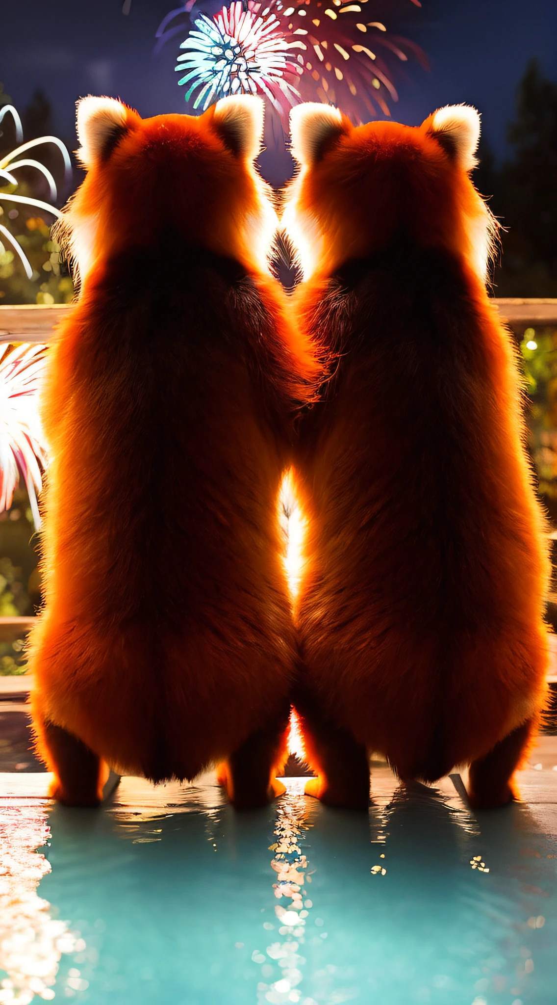 back View of two red pandas watching fireworks Photo SLR camera 24mm
