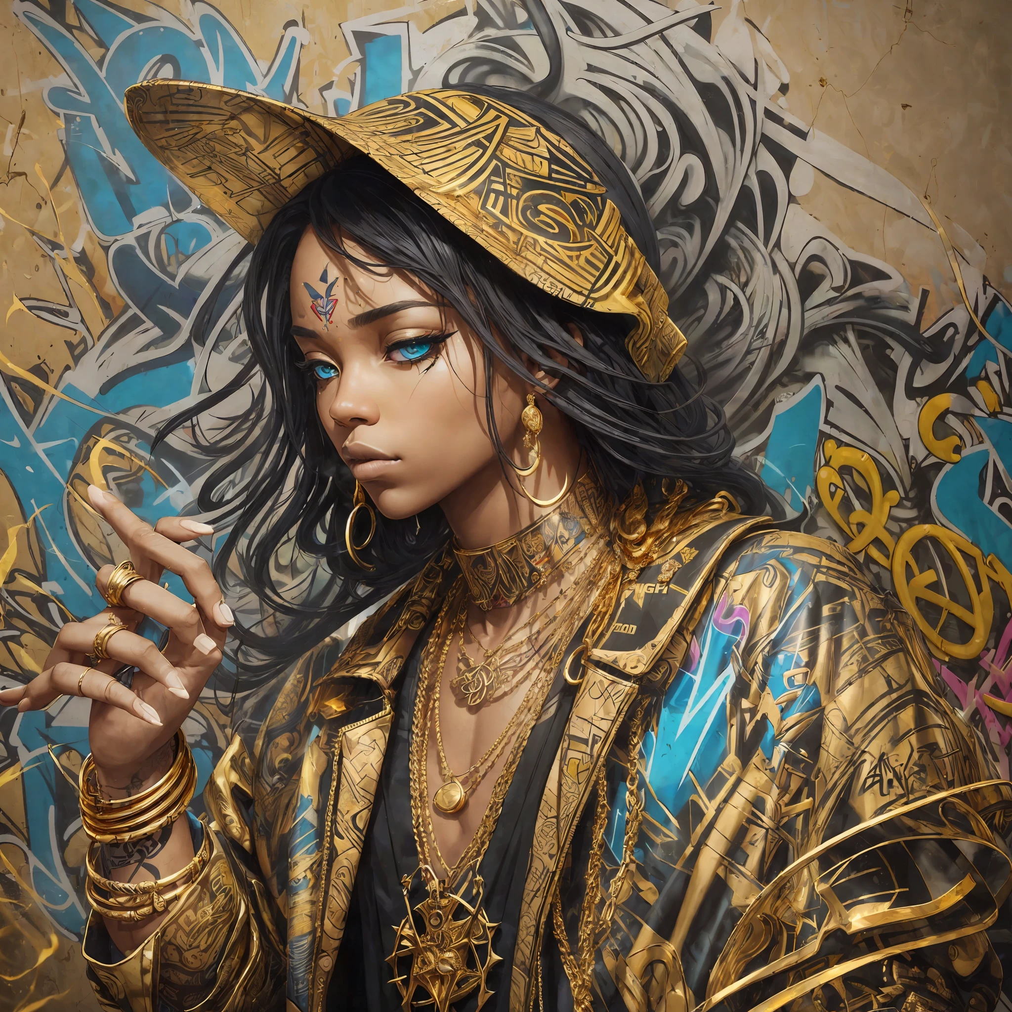 (An amazing rap music album cover:1.3),best quality,high resolution,rendered with delicacy and surrealism, (1 rapper), dynamic pose, impressive outfit and jewelry, graffiti style text and background, cool and edgy vibe, (graffiti wall:1.1,smoke effect:1.2,gold jewelry:1.3) --auto --s2