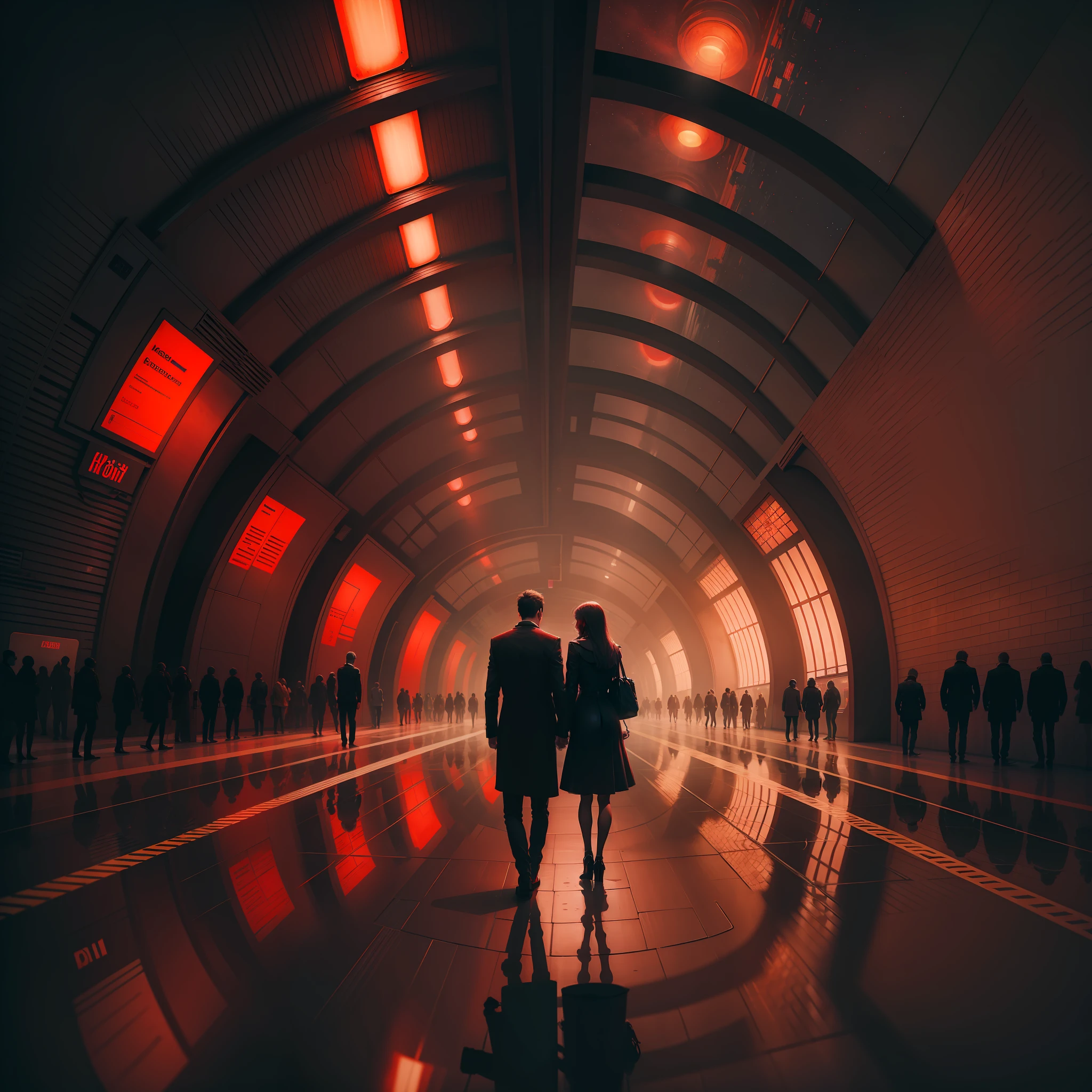 Picture of a couple in a metro station of the future, lighting in mind-blowing red, dark environment, painting by Claude Monet