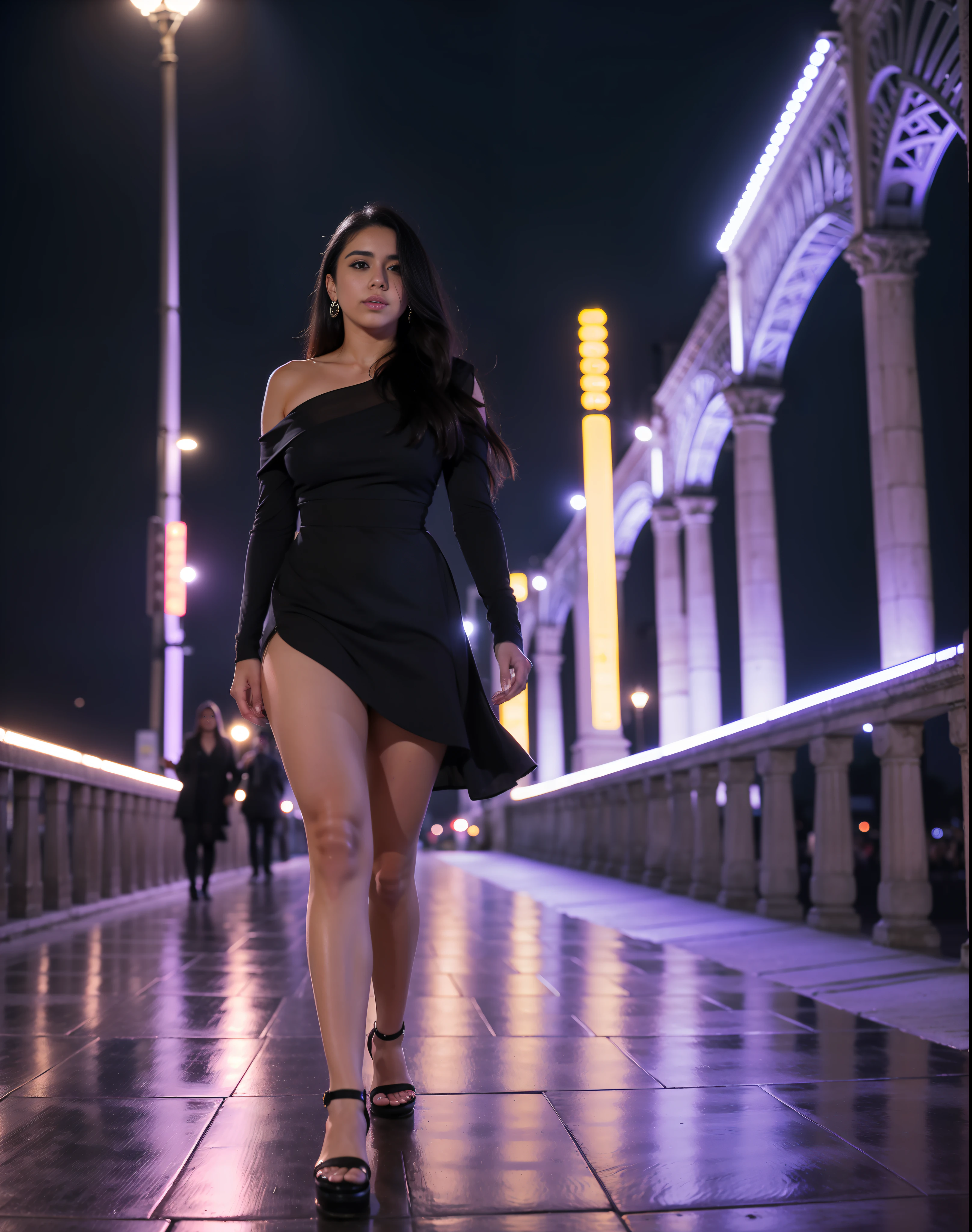 "(((obra maestra)), la mejor calidad, Sensual quiseañera dress, happy and elegant Lauren Jauregui strolling through a city at night neon lighting, plano amplio, bridge of Paris Italy , luz dorada, sombras suaves."