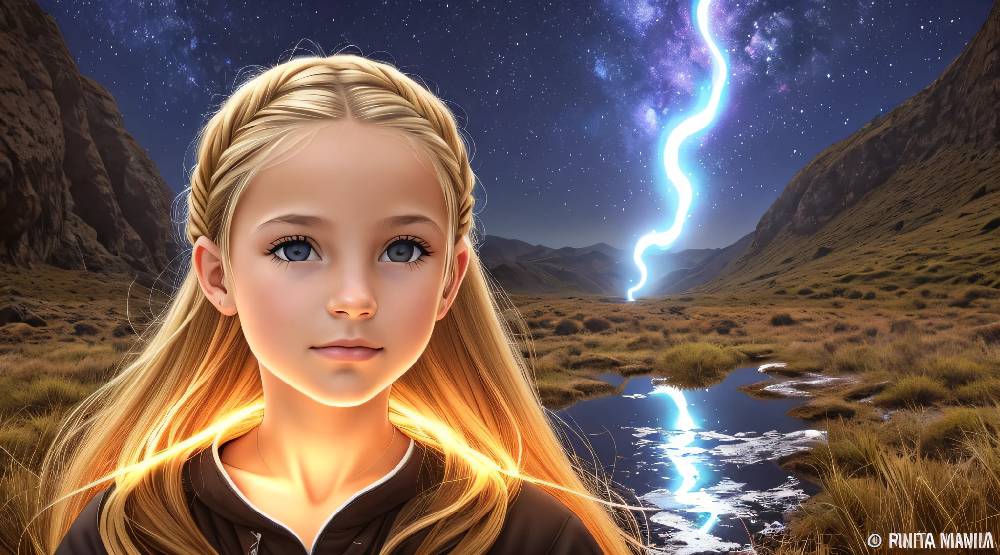 Melhor qualidade, obra-prima, ultra alto nada, fotorrealista, foto crua, Girl child , Russian blonde in braids, com roupa de jaqueta de couro vermelha, Estilo retrato, flames are glowing in the dark with a reflection of the fire, chamas de fogo, chamas no fundo, fogo e chamas. --auto --s2