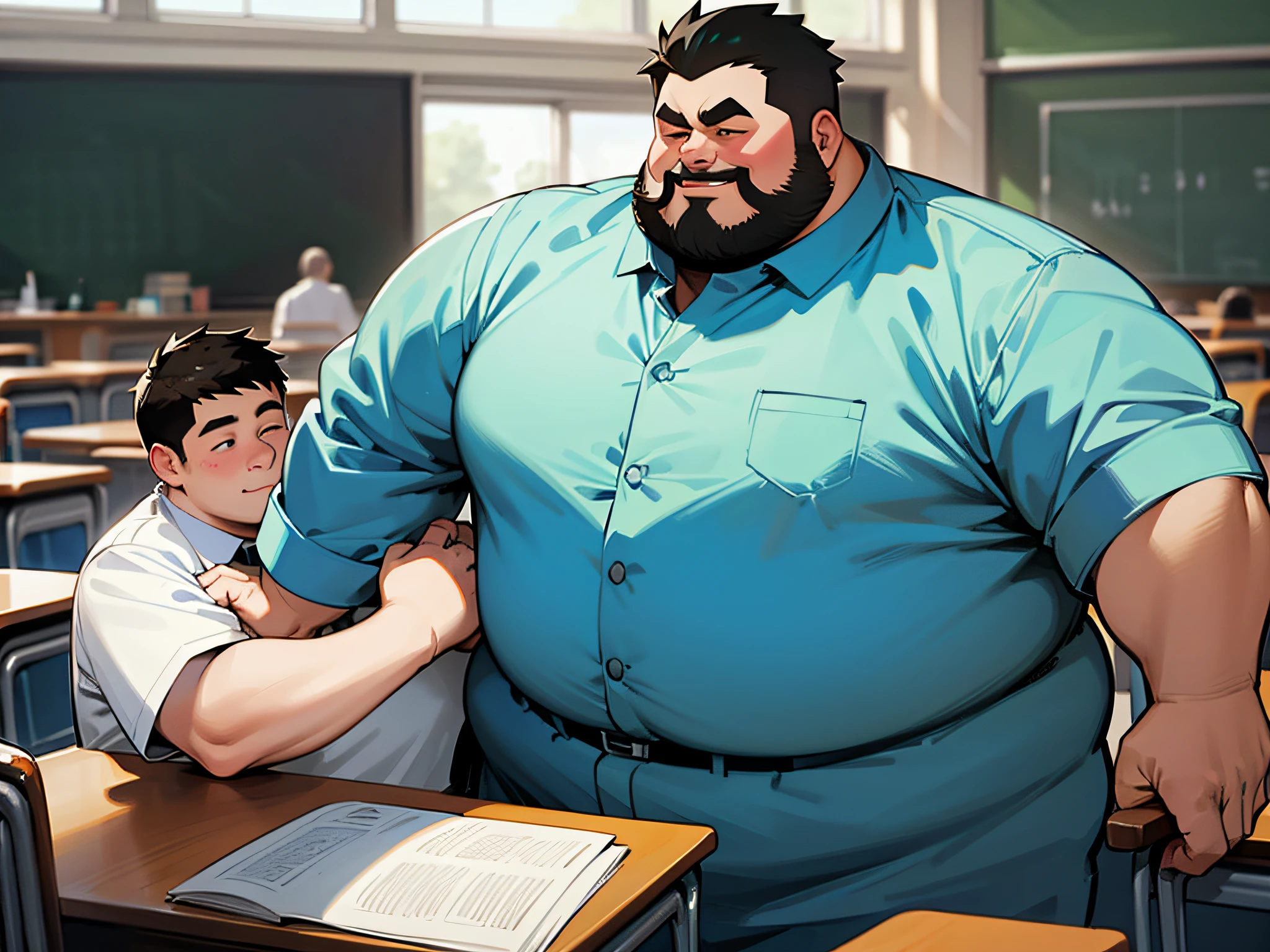 A fat man and a thin man in the classroom,Wear a school uniform