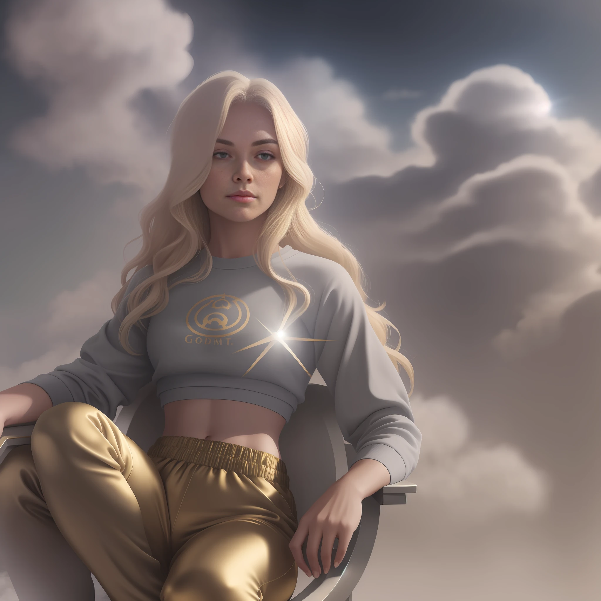 god is a blonde woman above the clouds, sitting on a golden throne, on a cloud detailed face, grey sport croptop, grey sweatpants, smirk, galaxy above her