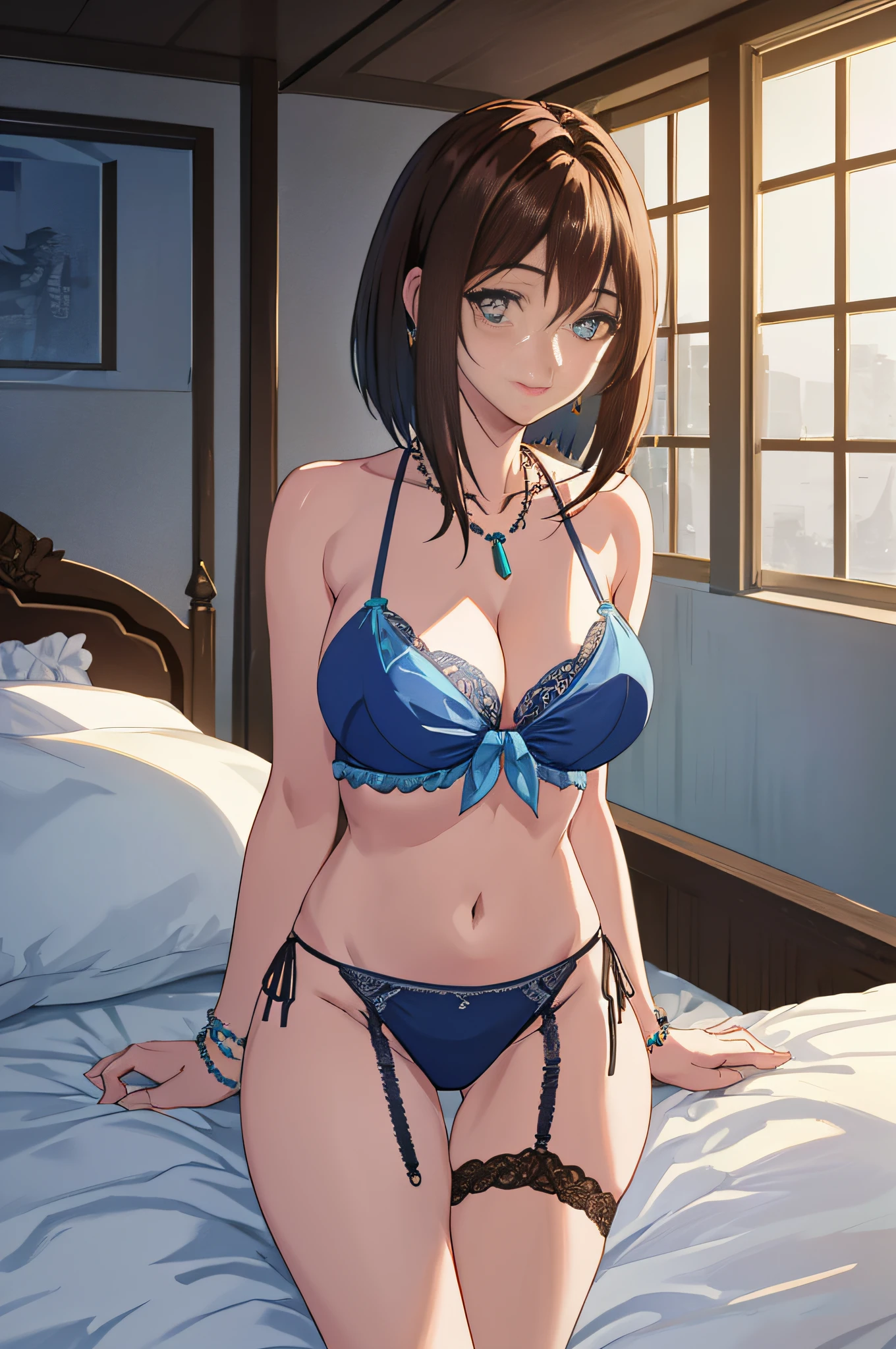 Cowboy shot, lying in bed, looking back, focus on eyes, breast squeeze, beautiful detailed full body, girl, female, female, young, 20 years old, medium hair, bob cut, bangs, high ponytail, brown hair, real With detailed face, smile, intricate details Beautiful delicate eyes, parted lips, bare shoulders, delicate hands, cleavage, navel, blue eyes, beautiful and gorgeous necklace, side tie bikini bottoms, tank tops, Garter strap, see-through, clavicle, thigh gap, indoors, sunlight, day, bokeh, highly detailed CG integrated 8k wallpaper, absurdity, highly detailed CG 8k wallpaper,