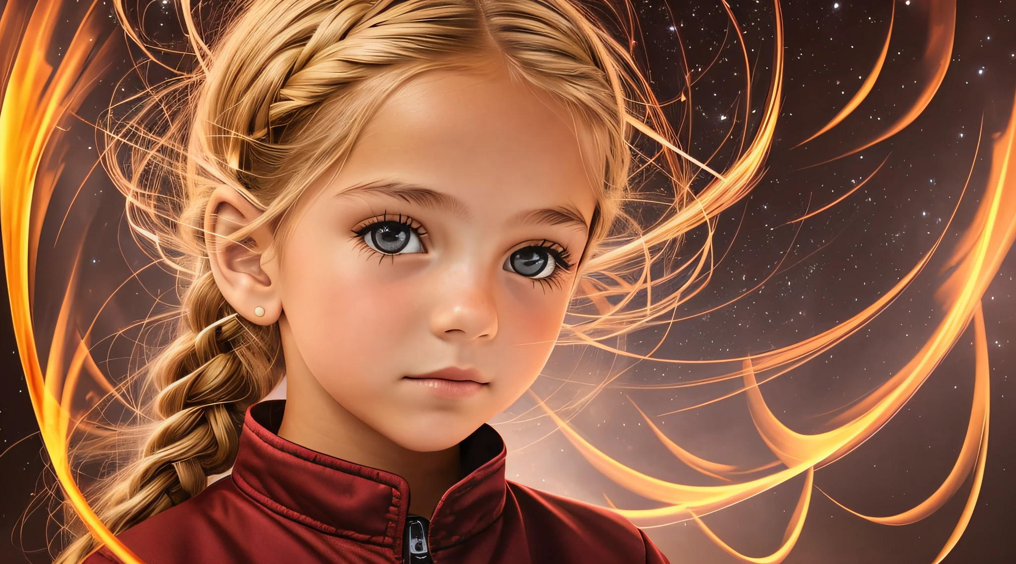 Melhor qualidade, obra-prima, ultra alto nada, fotorrealista, foto crua, Girl child , Russian blonde in braids, com roupa de jaqueta de couro vermelha, Estilo retrato, flames are glowing in the dark with a reflection of the fire, chamas de fogo, chamas no fundo, fogo e chamas. --auto --s2