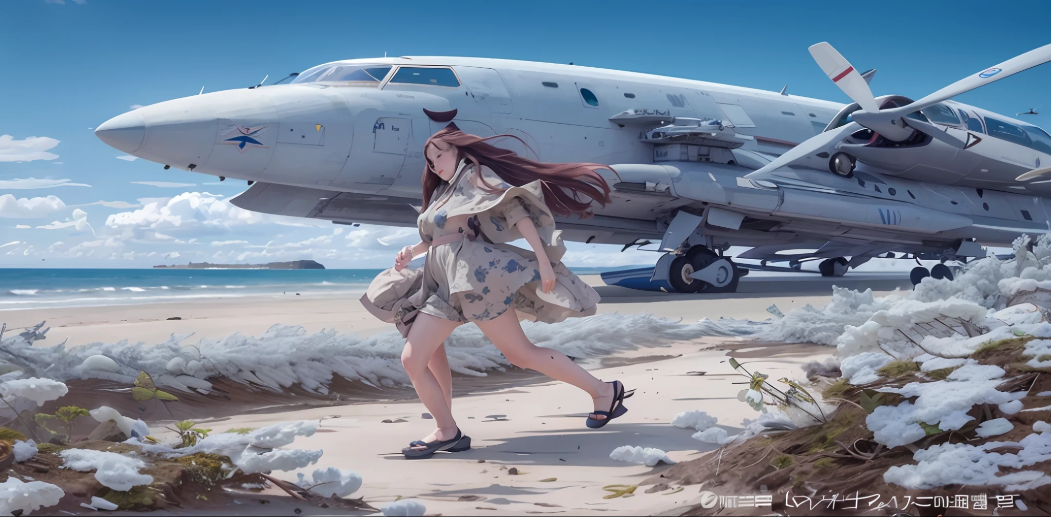 arafed woman walking in front of an airplane on a beach, girl with warship parts, by Ayami Kojima, kantai collection style, makoto shinkai and tom bagshaw, official artwork, beautiful digital artwork, by Yamagata Hiro, anaglyph effect ayami kojima, jaeyeon nam, airplanes bombing the beach, girls frontline style --v6