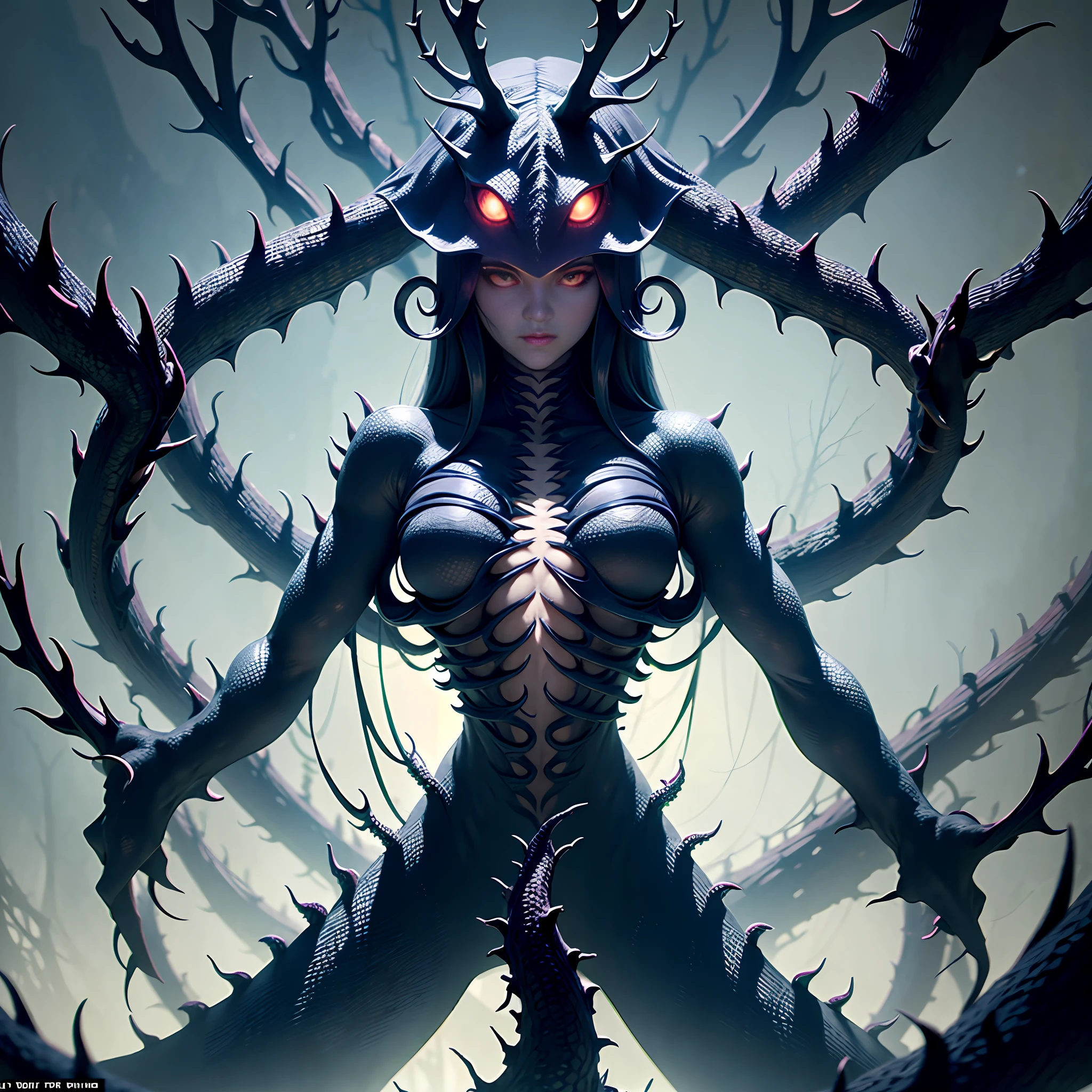 The monster appears to be comprised of a body made of interwoven thorny branches, with a shape similar to an octopus. It has eight thin, thorny arms resembling tentacles, each ending in a sharp, pointed --auto --s2