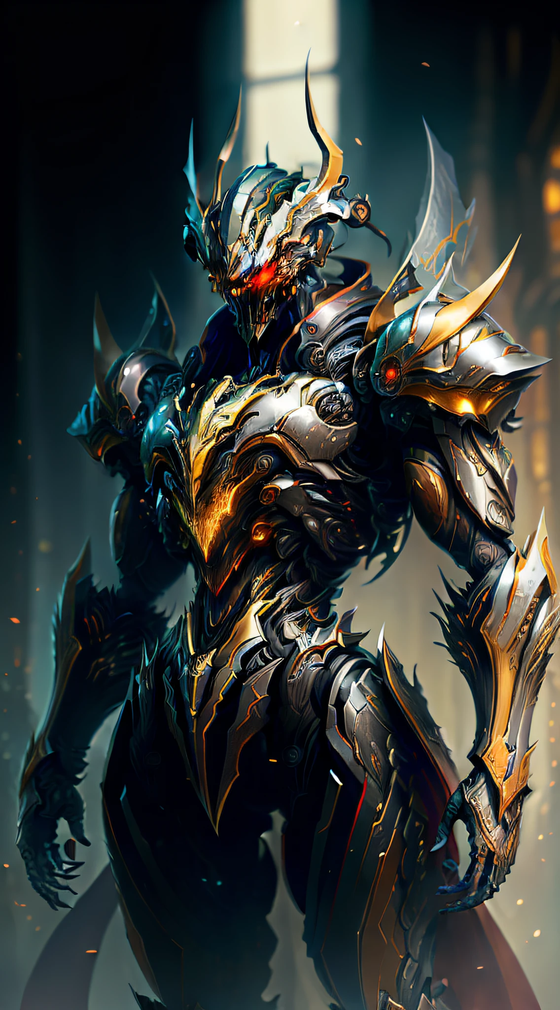 (masterpiece:1.2), best quality, high resolution, unity 8k wallpaper, (illustration:1.0), beautiful detailed, extremely detailed, perfect lighting, extremely detailed CG,glowing eyes,
Mech,armor,full_armor,warframe,horns, fake horns, red eyes, global ray tracing,dark_light,
looking at the viewer,solo,perspective,