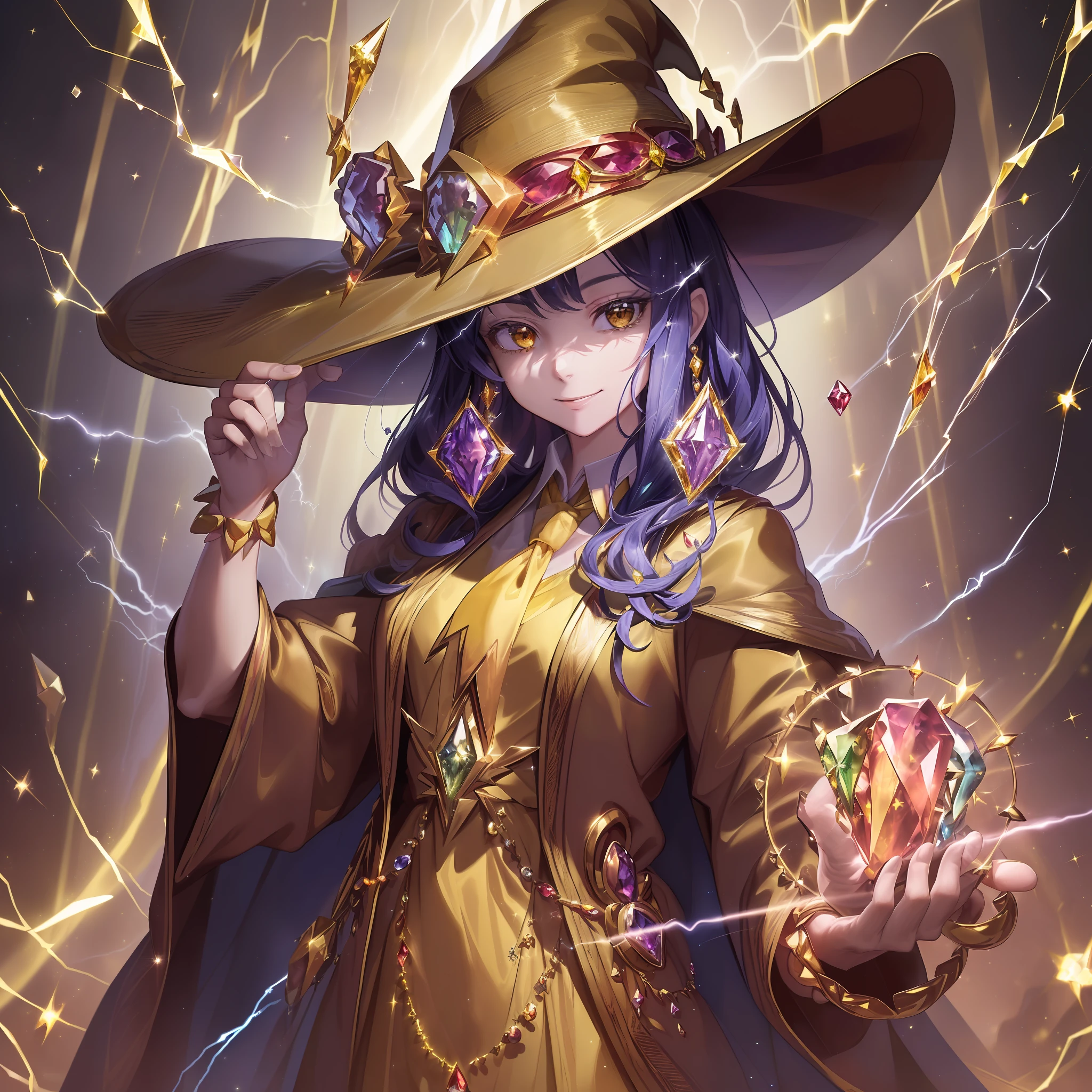 masterpieces, (many-gemstones:1.5), (many-jewels:1.3), 1little girl, witch, smile, (necktie:1.1), (yellow-gloves:1.2), (neat-clothing:1.3), magical-hat, long-robe, (yellow-robe:1.1), (lightning-magic:1.3), (large-thunder:1.4), citrine, topaz, (flowing-light:1.2), (glowing-light:1.2), (light-particles:1.4), dynamic-angle,